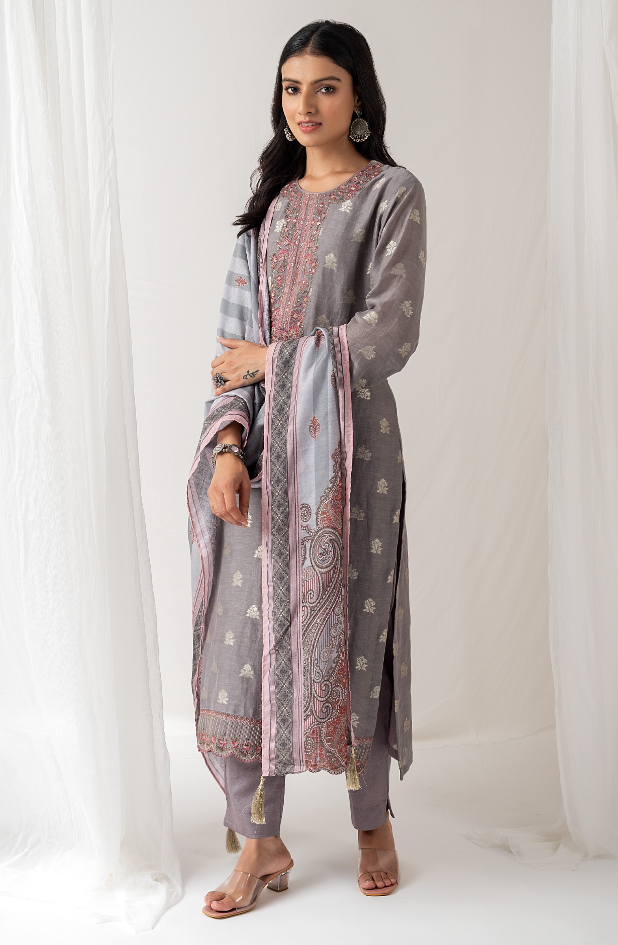 Grey Beautiful Linen Silk Jacquard Festive Salwar Kameez - BHA1957C