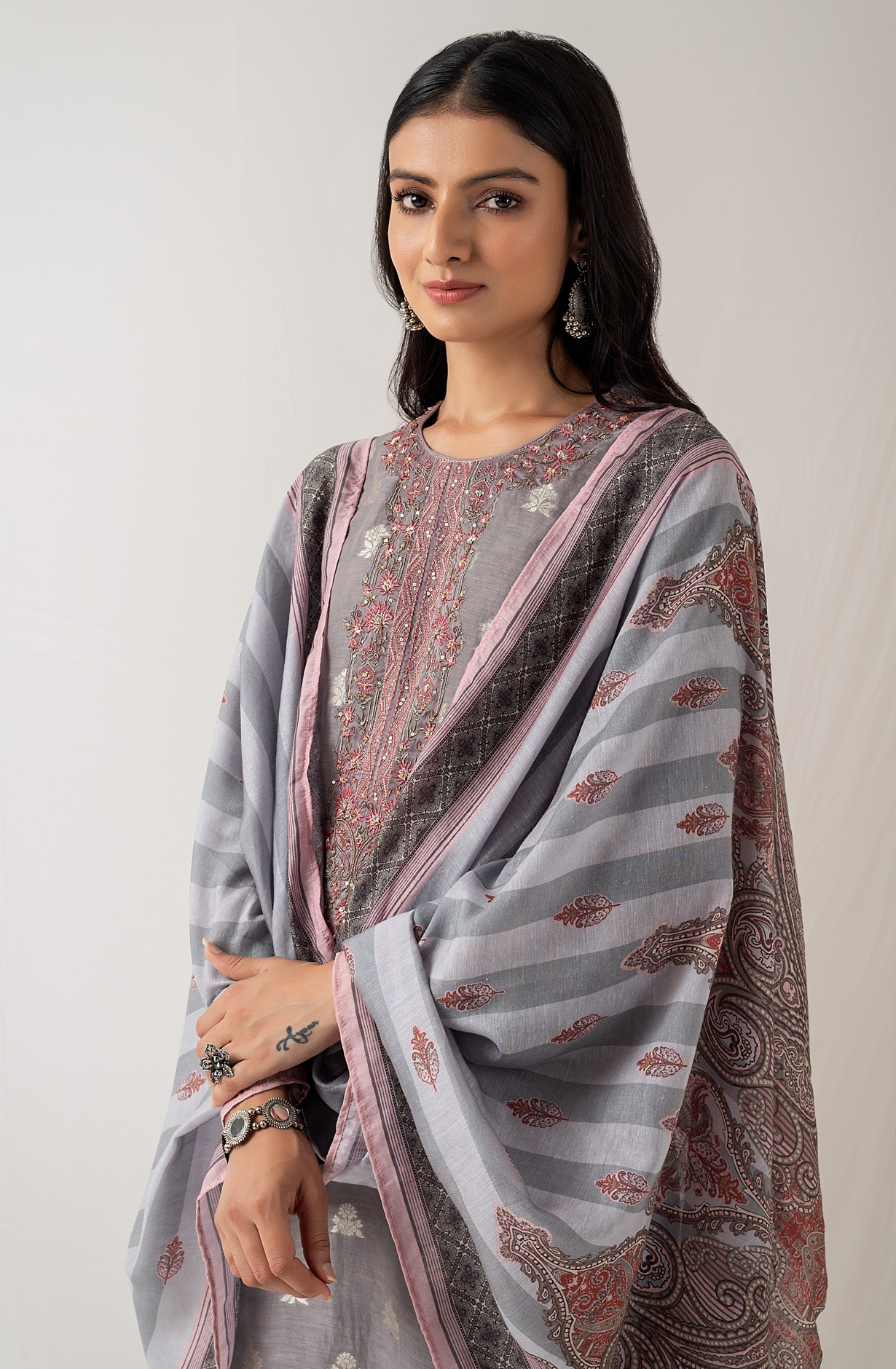 Grey Beautiful Linen Silk Jacquard Festive Salwar Kameez - BHA1957C