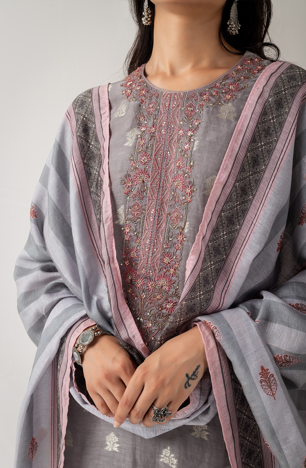 Grey Beautiful Linen Silk Jacquard Festive Salwar Kameez - BHA1957C