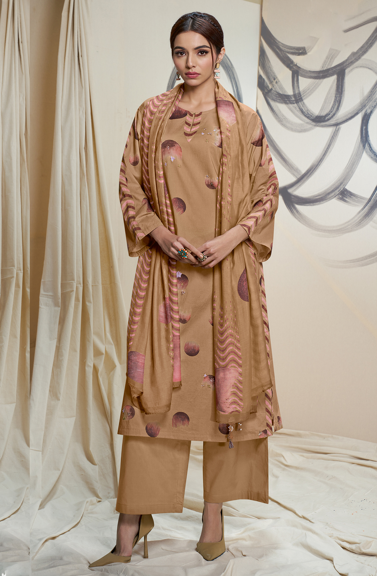 Brown Cotton Lawn Digital Printed Unstitched Salwar Kameez with Lace Work - BHO558