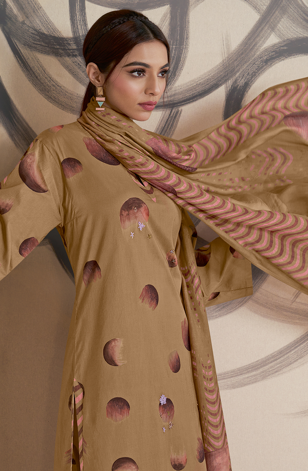 Brown Cotton Lawn Digital Printed Unstitched Salwar Kameez with Lace Work - BHO558