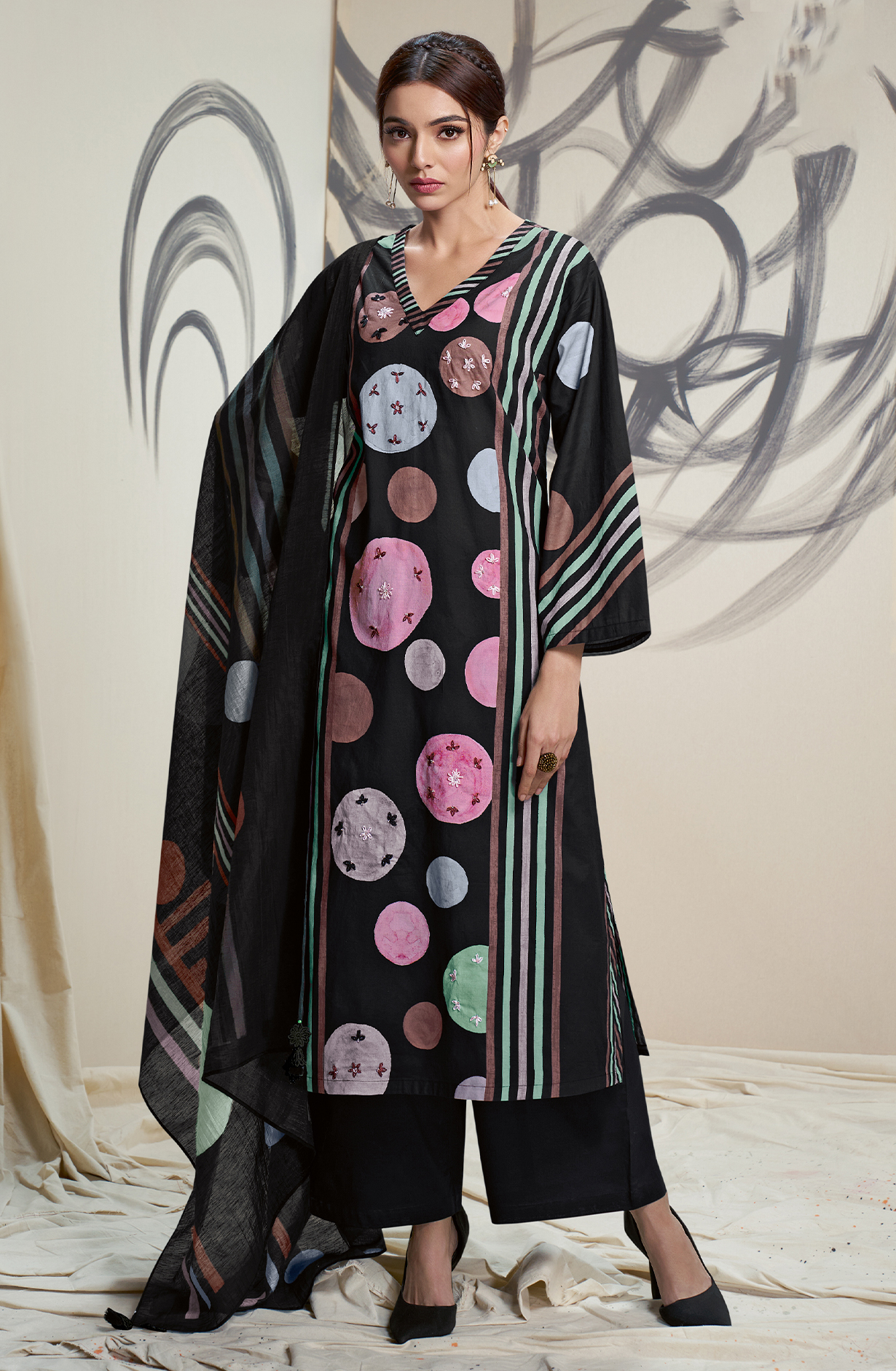 Black Cotton Lawn Digital Printed Unstitched Salwar Kameez with Lace Work - BHO565