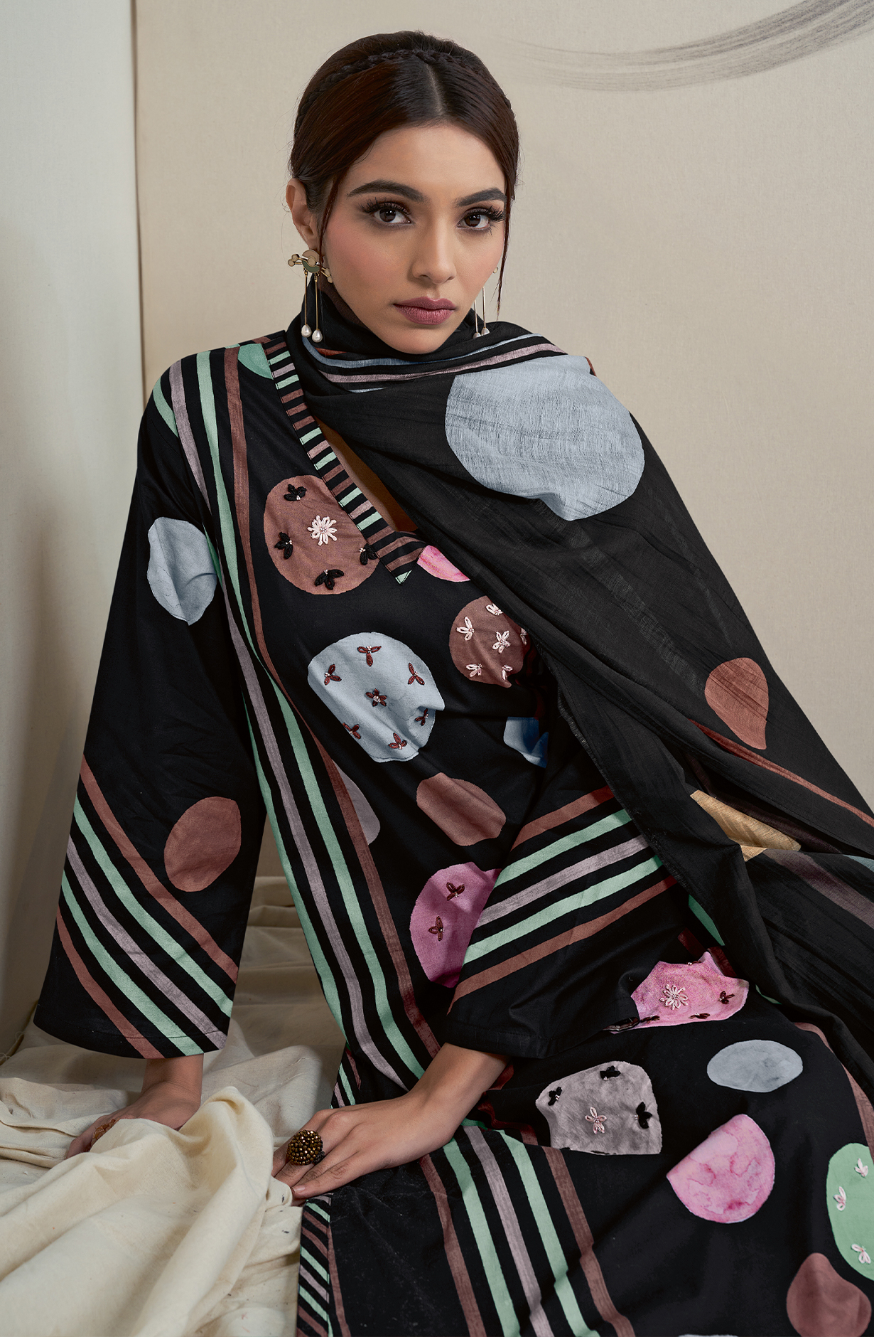 Black Cotton Lawn Digital Printed Unstitched Salwar Kameez with Lace Work - BHO565
