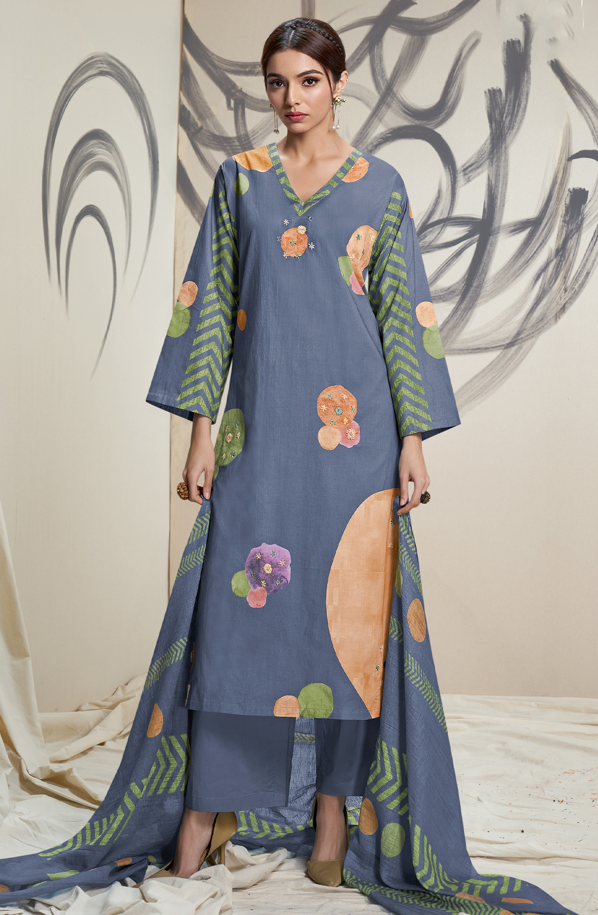 Grey Cotton Lawn Digital Printed Unstitched Salwar Kameez with Lace Work - BHO586