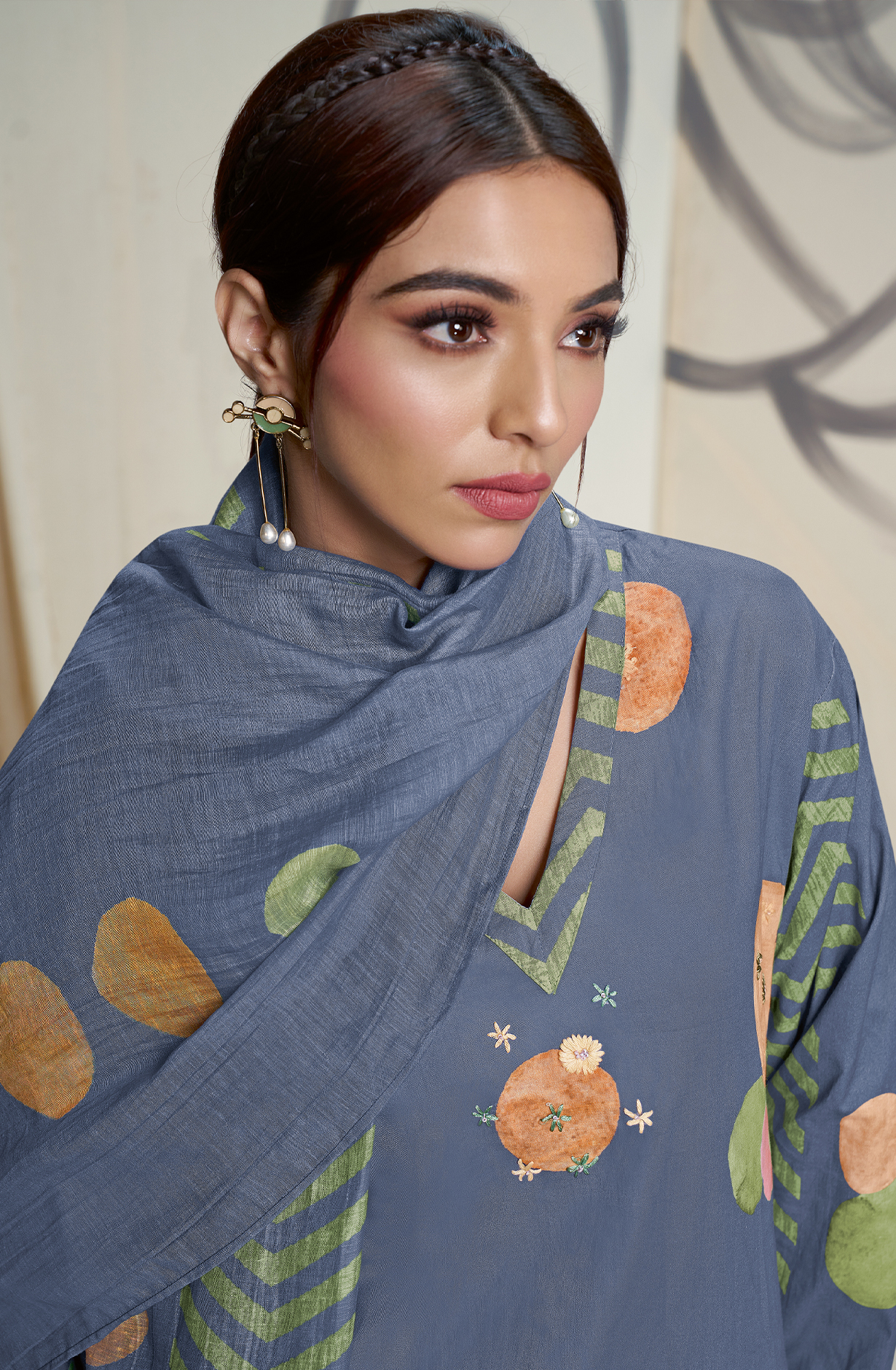 Grey Cotton Lawn Digital Printed Unstitched Salwar Kameez with Lace Work - BHO586