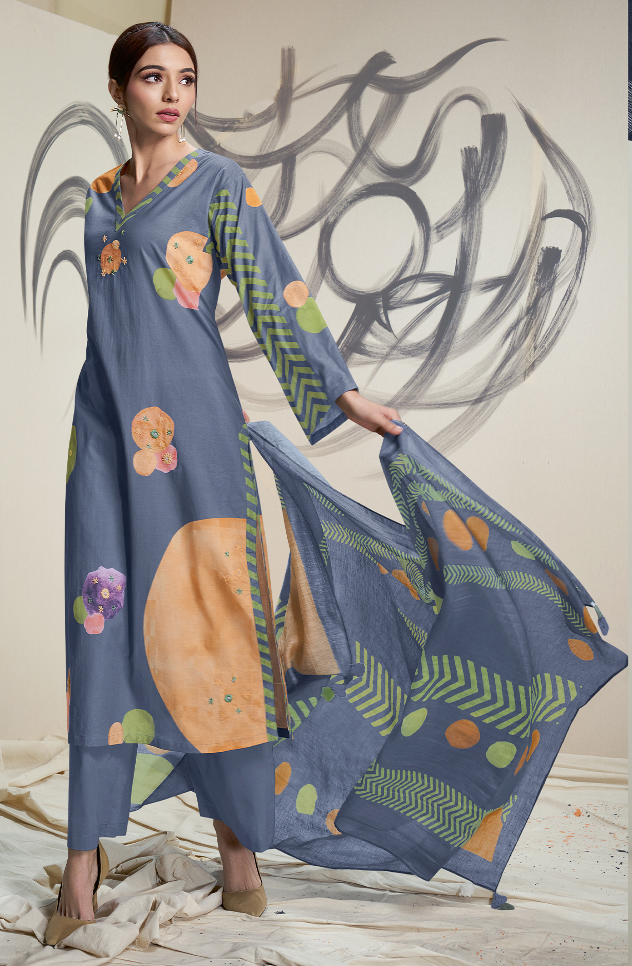 Grey Cotton Lawn Digital Printed Unstitched Salwar Kameez with Lace Work - BHO586