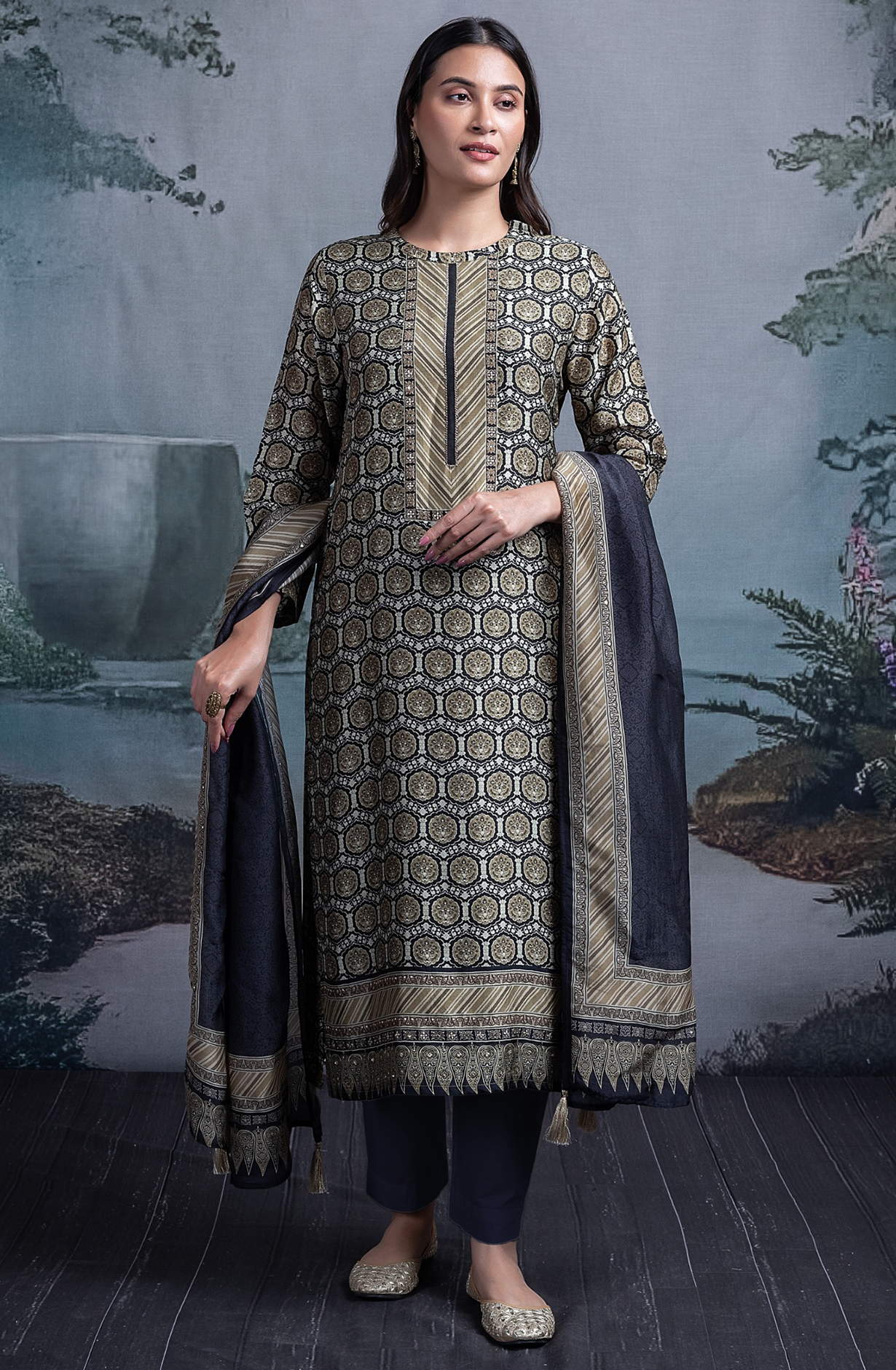 Black Silk Suit Set with Silk Dupatta - BHUST2021A