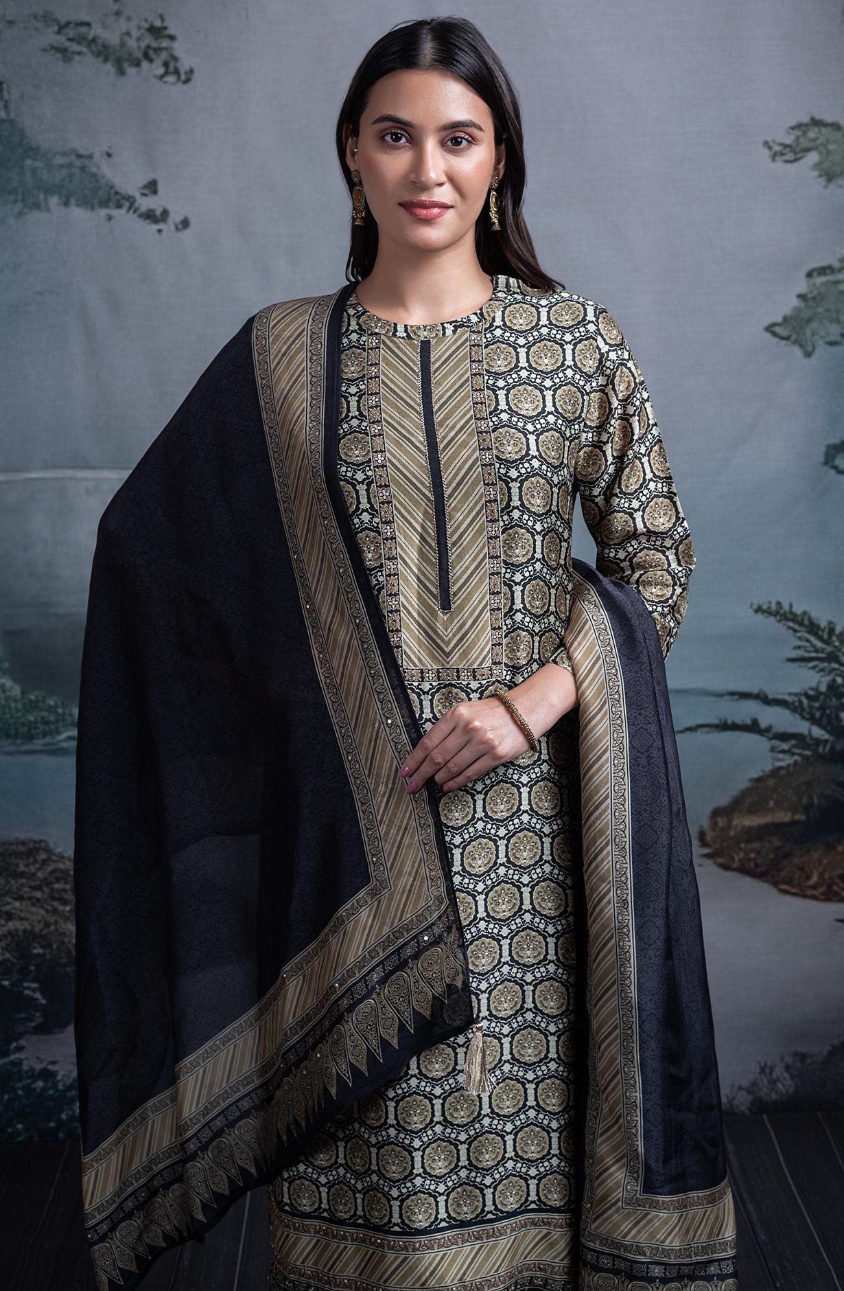 Black Silk Suit Set with Silk Dupatta - BHUST2021A