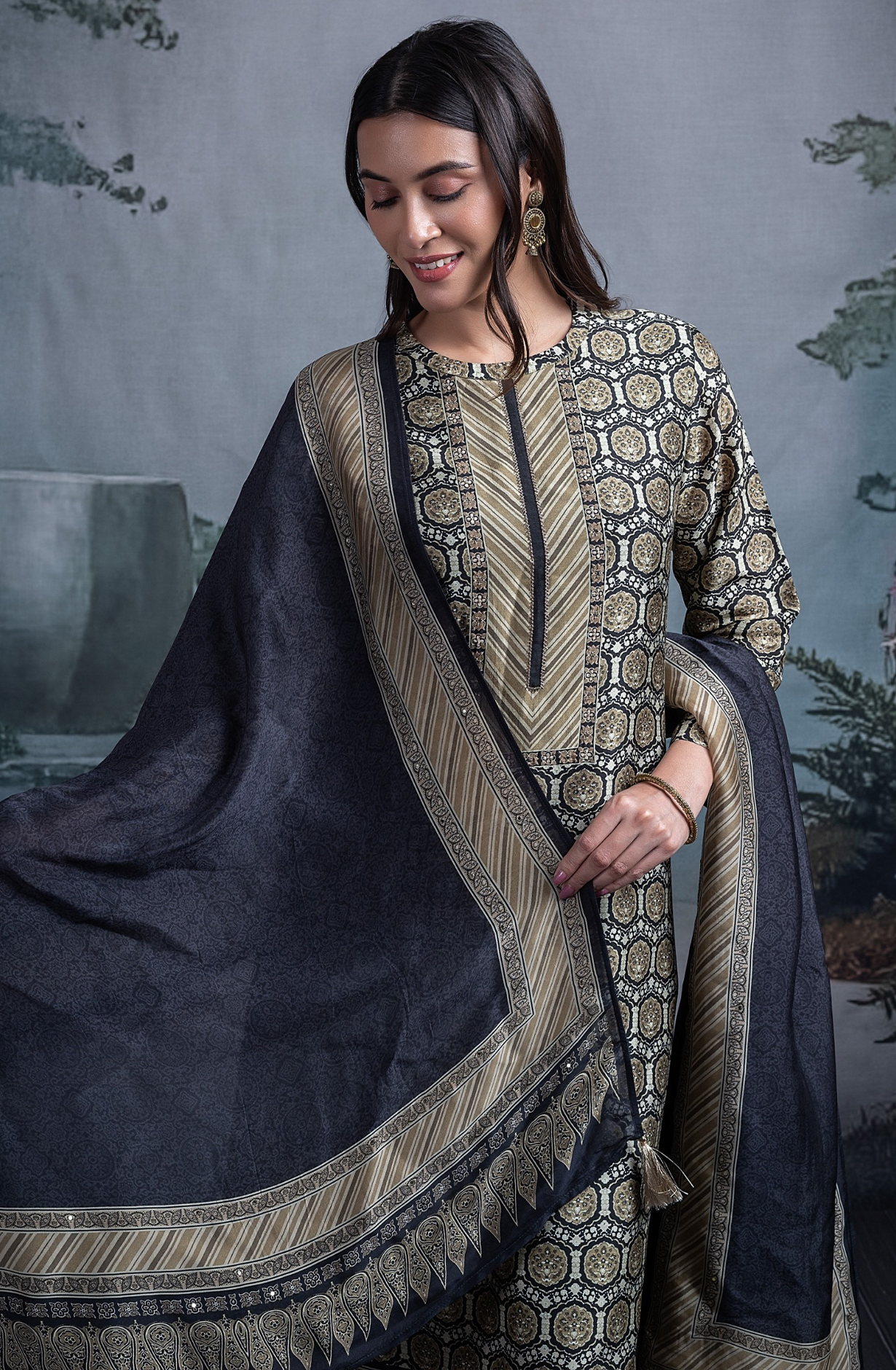 Black Silk Suit Set with Silk Dupatta - BHUST2021A