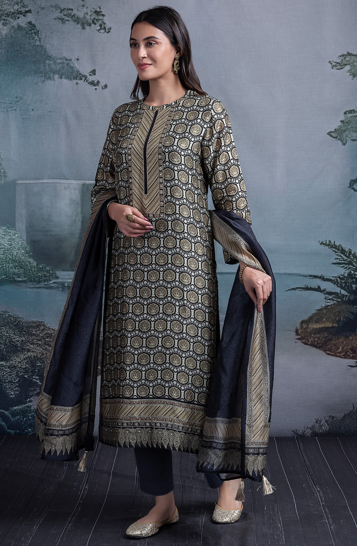 Black Silk Suit Set with Silk Dupatta - BHUST2021A
