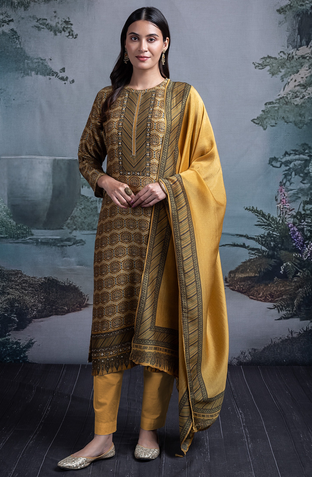 Mehndi Silk Suit Set with Silk Dupatta - BHUST2021B