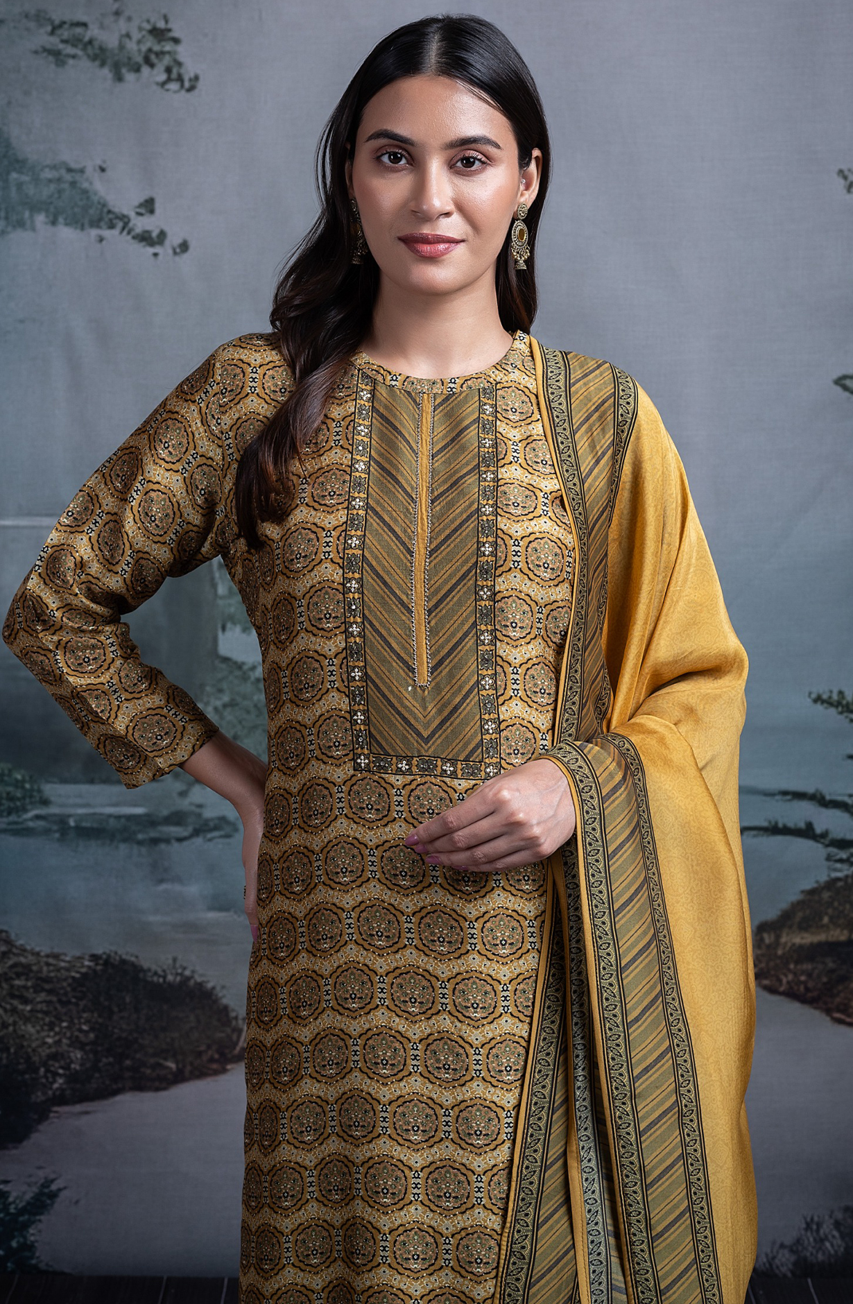 Mehndi Silk Suit Set with Silk Dupatta - BHUST2021B