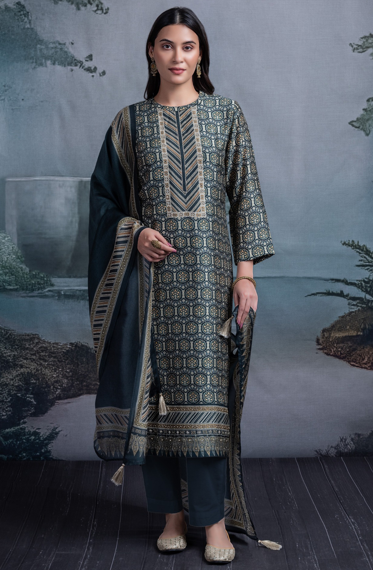 Green Silk Suit Set with Silk Dupatta - BHUST2021C