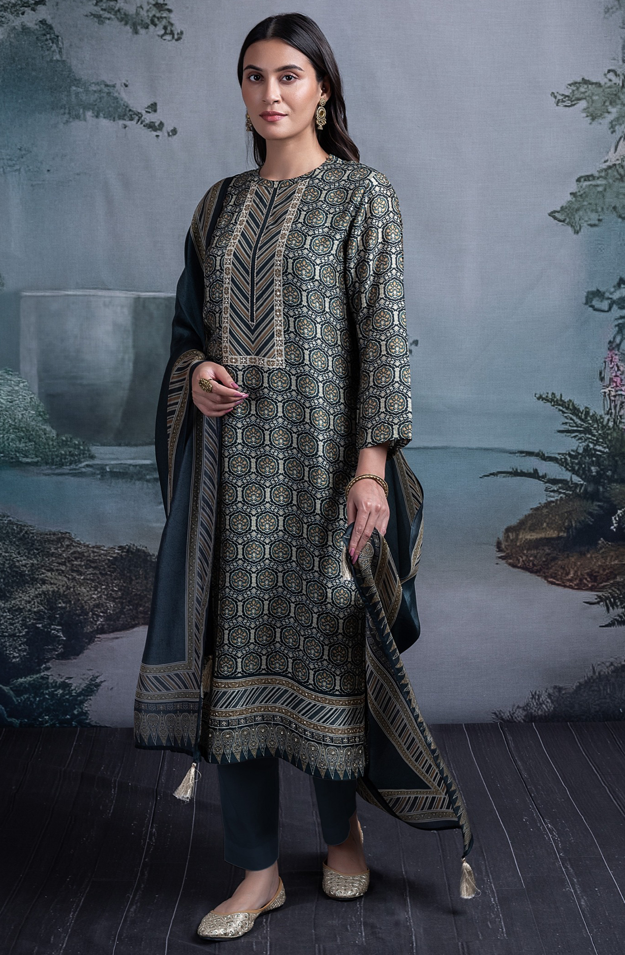 Green Silk Suit Set with Silk Dupatta - BHUST2021C