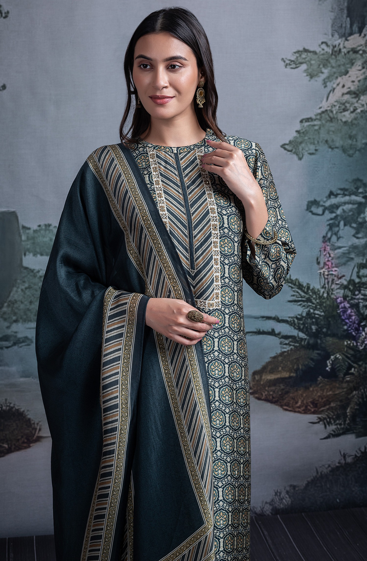 Green Silk Suit Set with Silk Dupatta - BHUST2021C