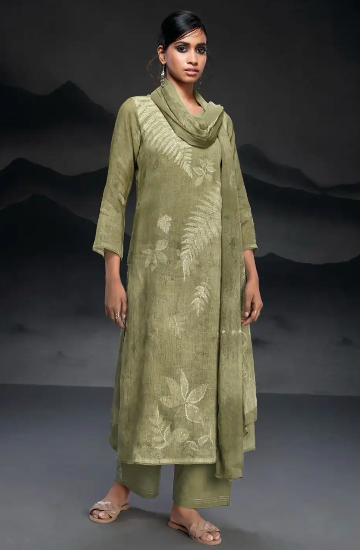Green Pure Linen Printed Suit Set with Dupatta -BIN2579A