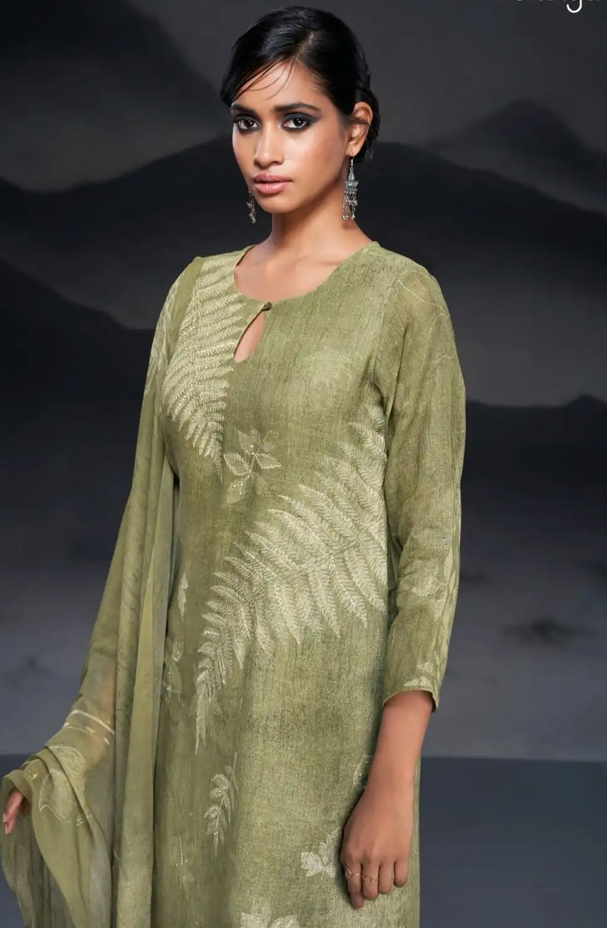 Green Pure Linen Printed Suit Set with Dupatta  -BIN2579A