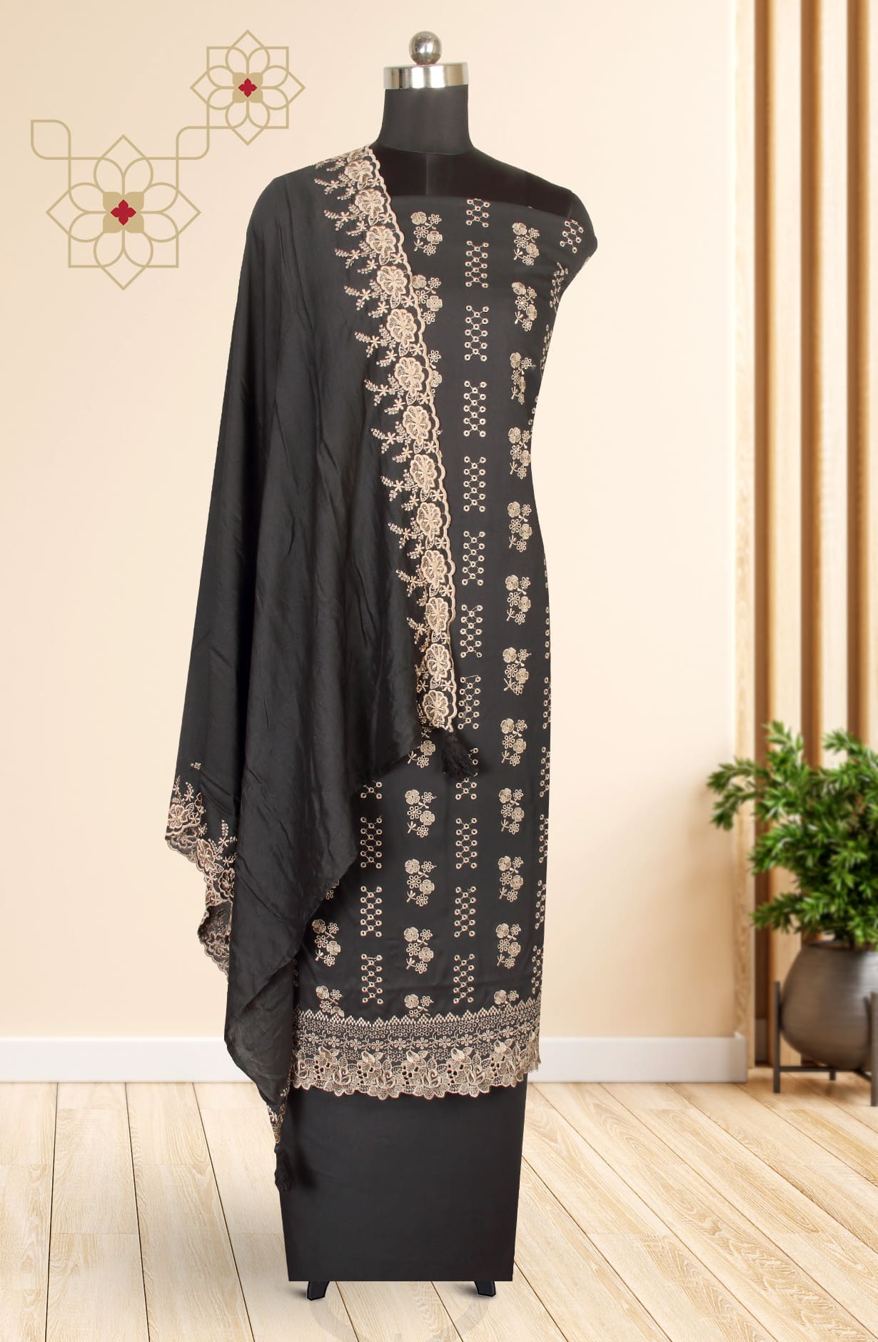 Black Exclusive Pure Pashmina with Schifli Embroidery Unstitched Suit-sets - STHNS12530A