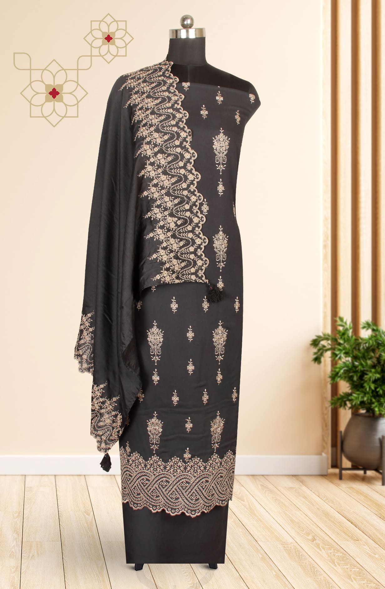 Black Exclusive Pure Pashmina with Schifli Embroidery Unstitched Suit-sets - STHNS12530B