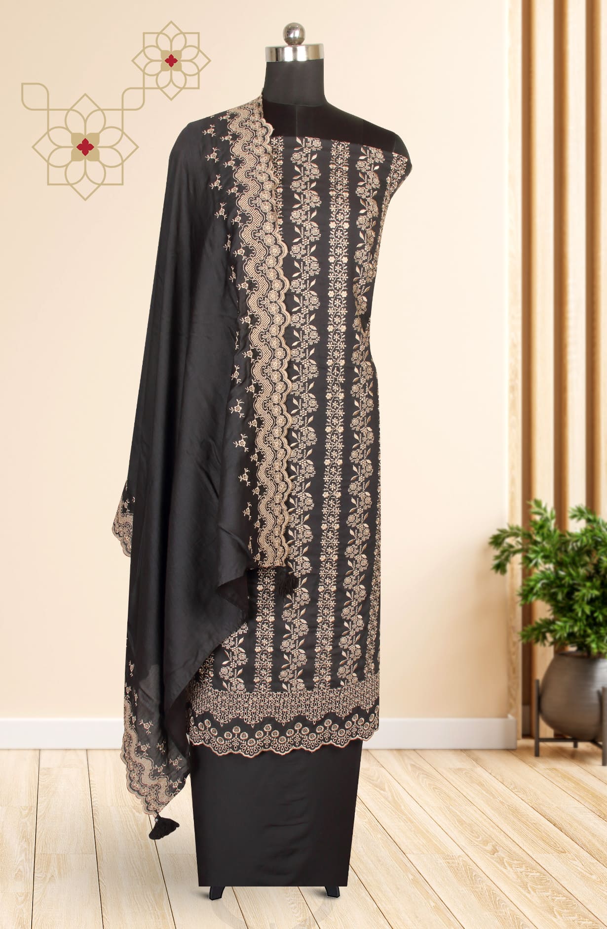 Black Exclusive Pure Pashmina with Schifli Embroidery Unstitched Suit-sets - STHNS12530C