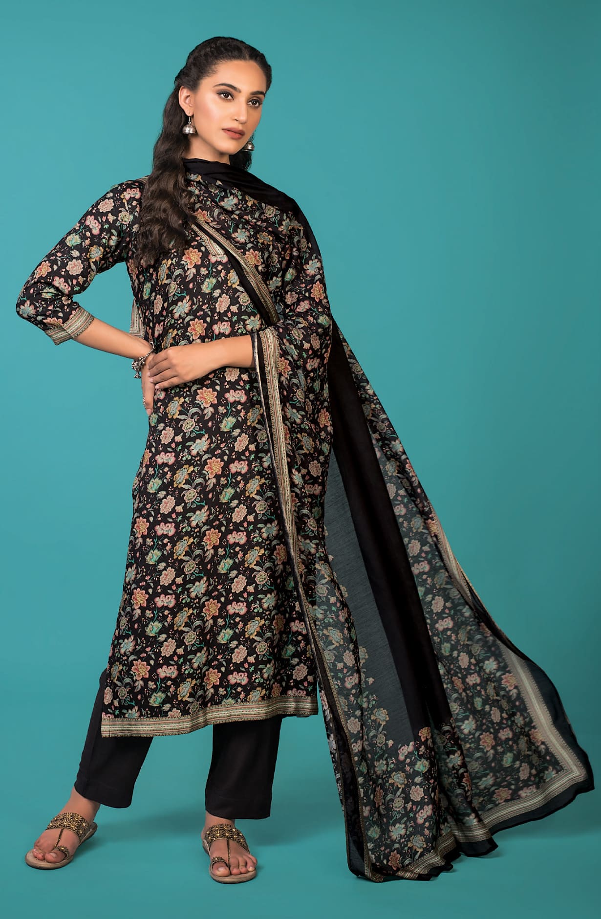 Black Spun Winterwear Unstitched Salwar Kameez Dupatta Set - WAQ3726