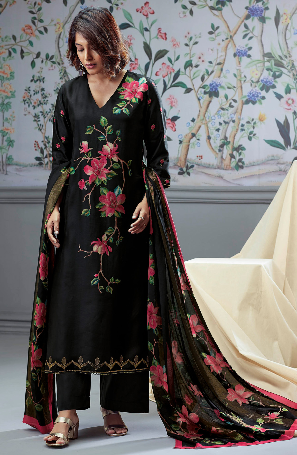 Black Beautiful Russian Silk Unstitched Suit with Dupatta - BLOC1319