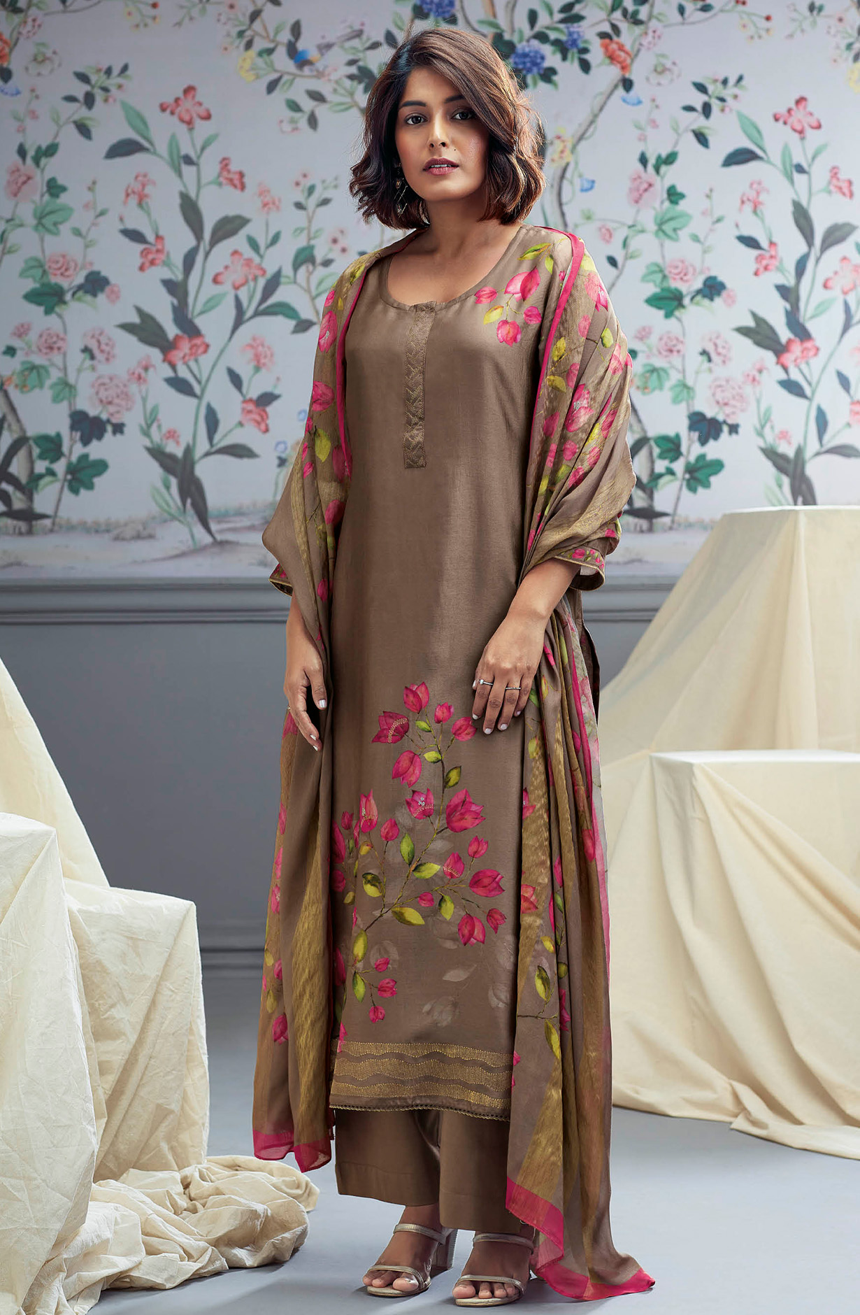 Brown Beautiful Russian Silk Unstitched Suit with Dupatta - BLOC1320