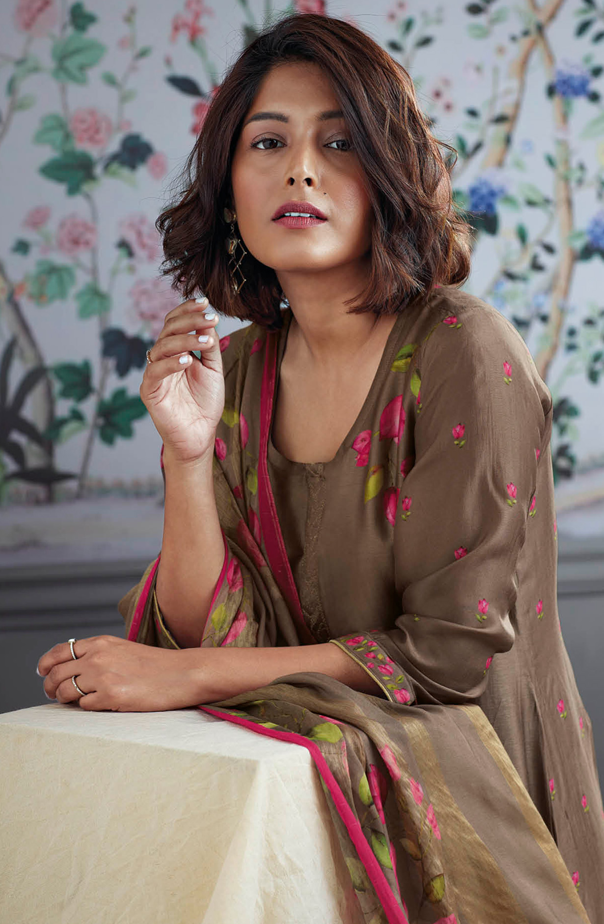 Brown Beautiful Russian Silk Unstitched Suit with Dupatta - BLOC1320