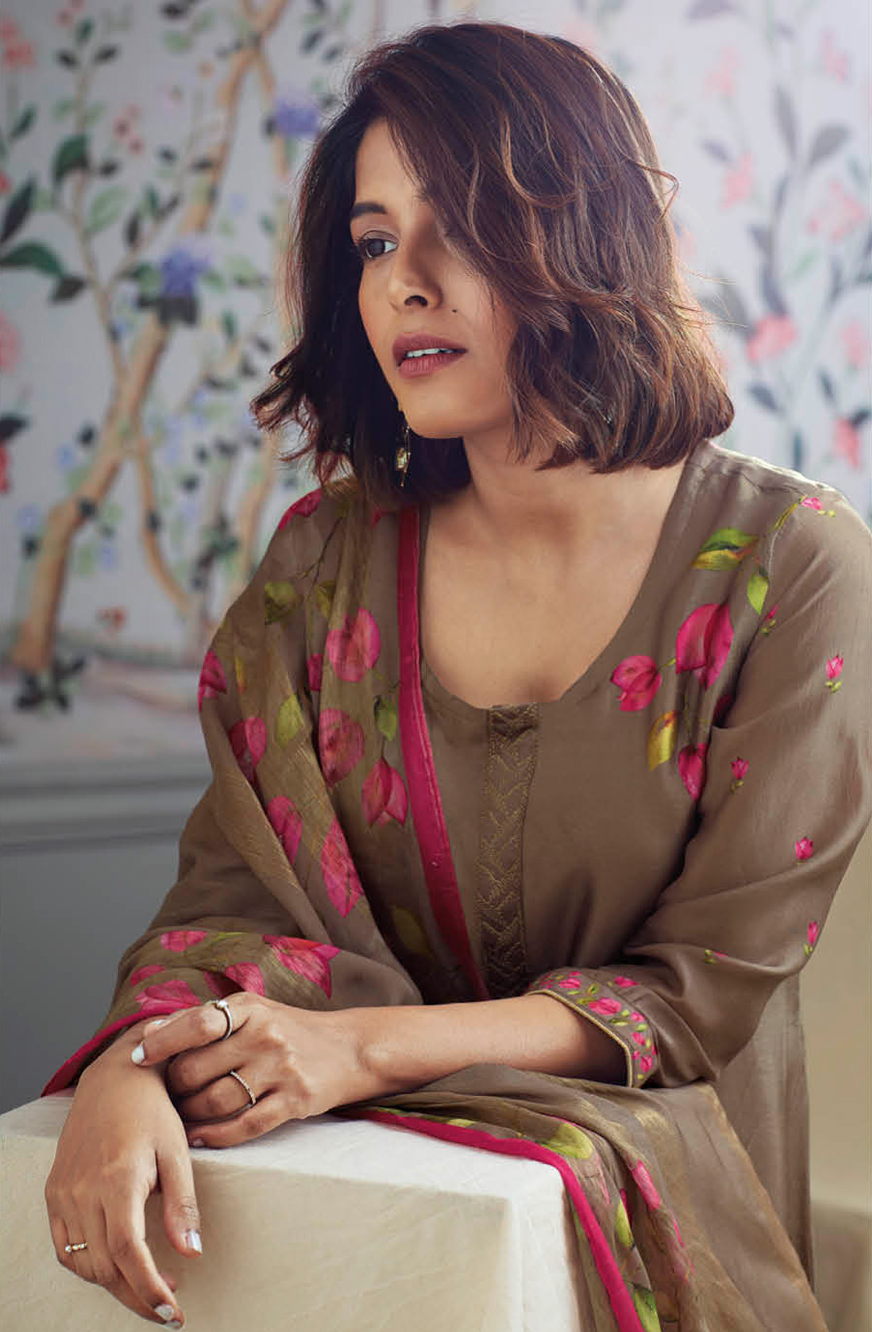 Brown Beautiful Russian Silk Unstitched Suit with Dupatta - BLOC1320