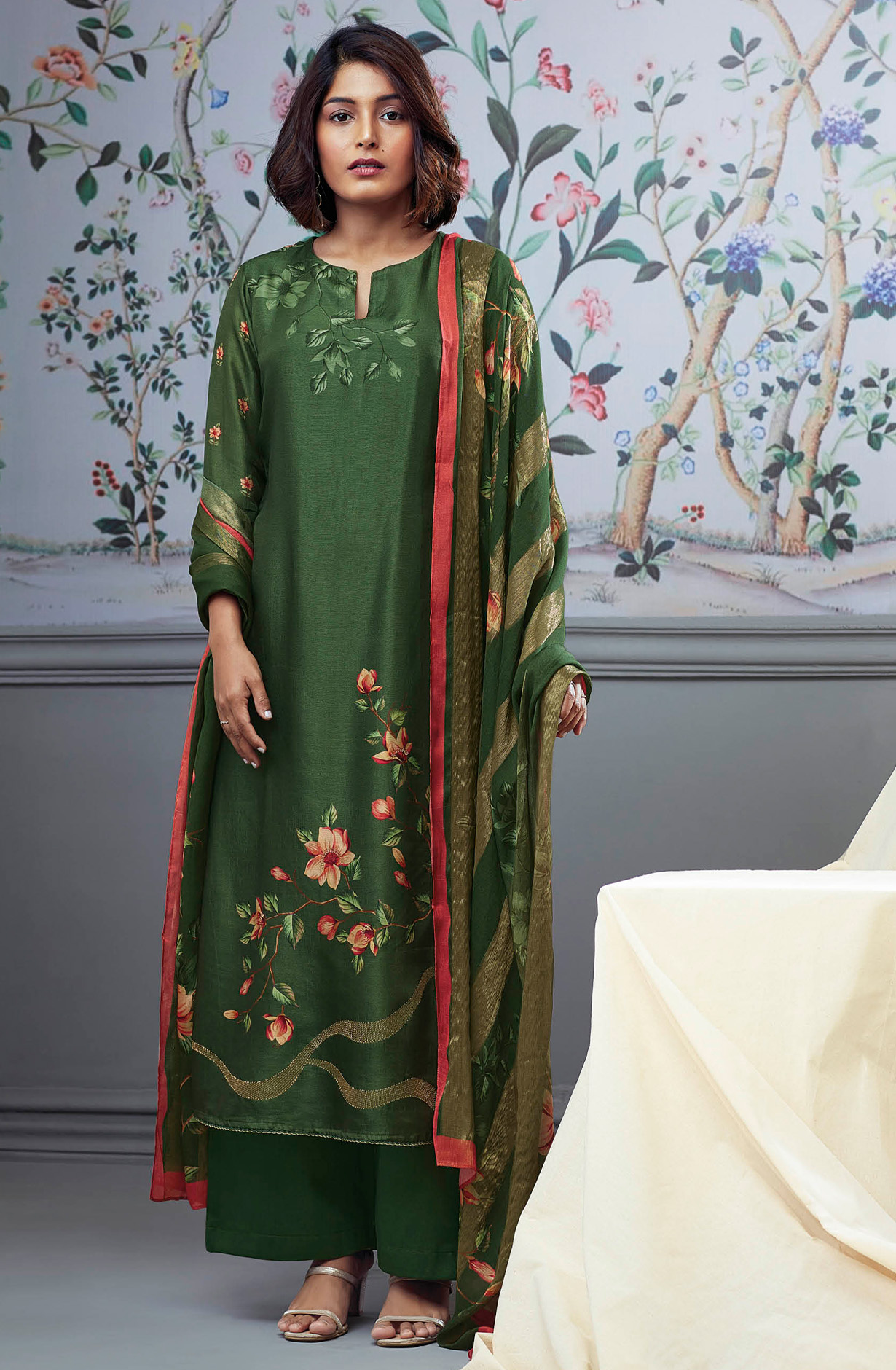 Bottle Green Beautiful Russian Silk Unstitched Suit with Dupatta - BLOC1321