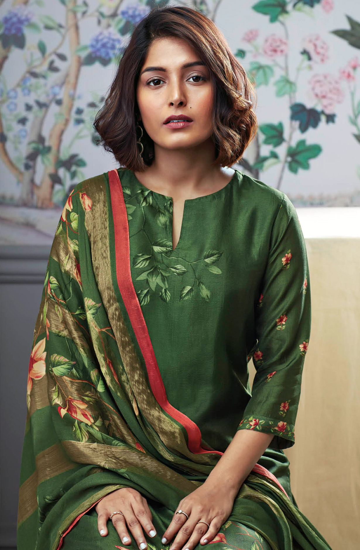 Bottle Green Beautiful Russian Silk Unstitched Suit with Dupatta - BLOC1321