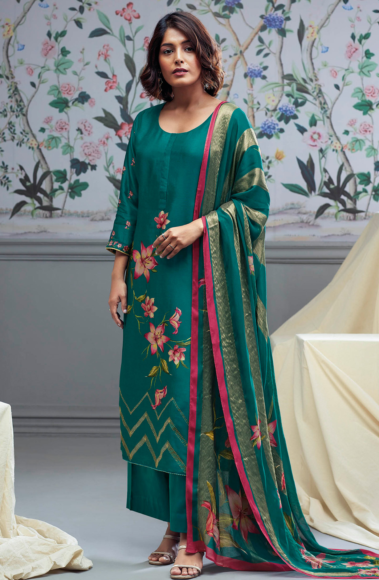 Firozi Beautiful Russian Silk Unstitched Suit with Dupatta - BLOC1322