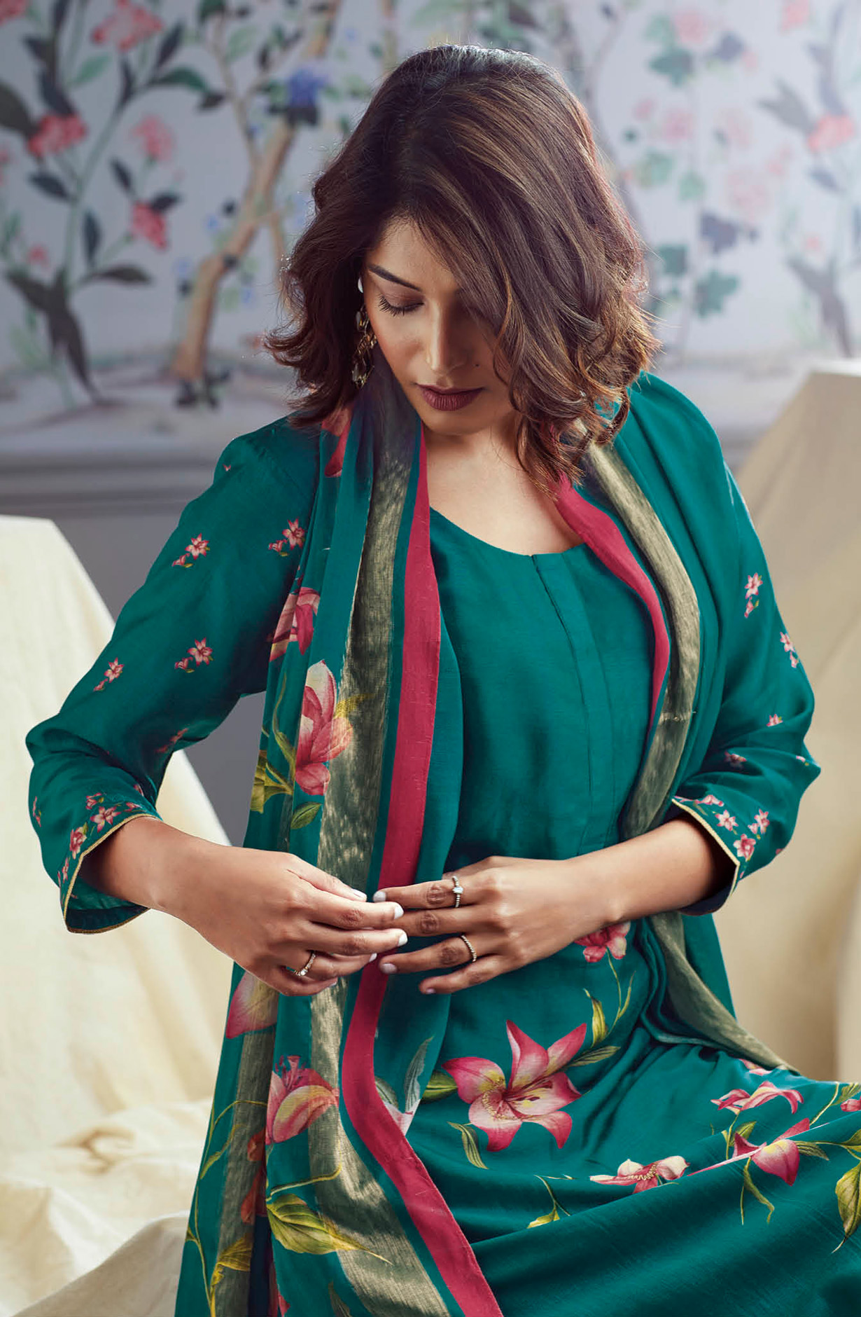 Firozi Beautiful Russian Silk Unstitched Suit with Dupatta - BLOC1322