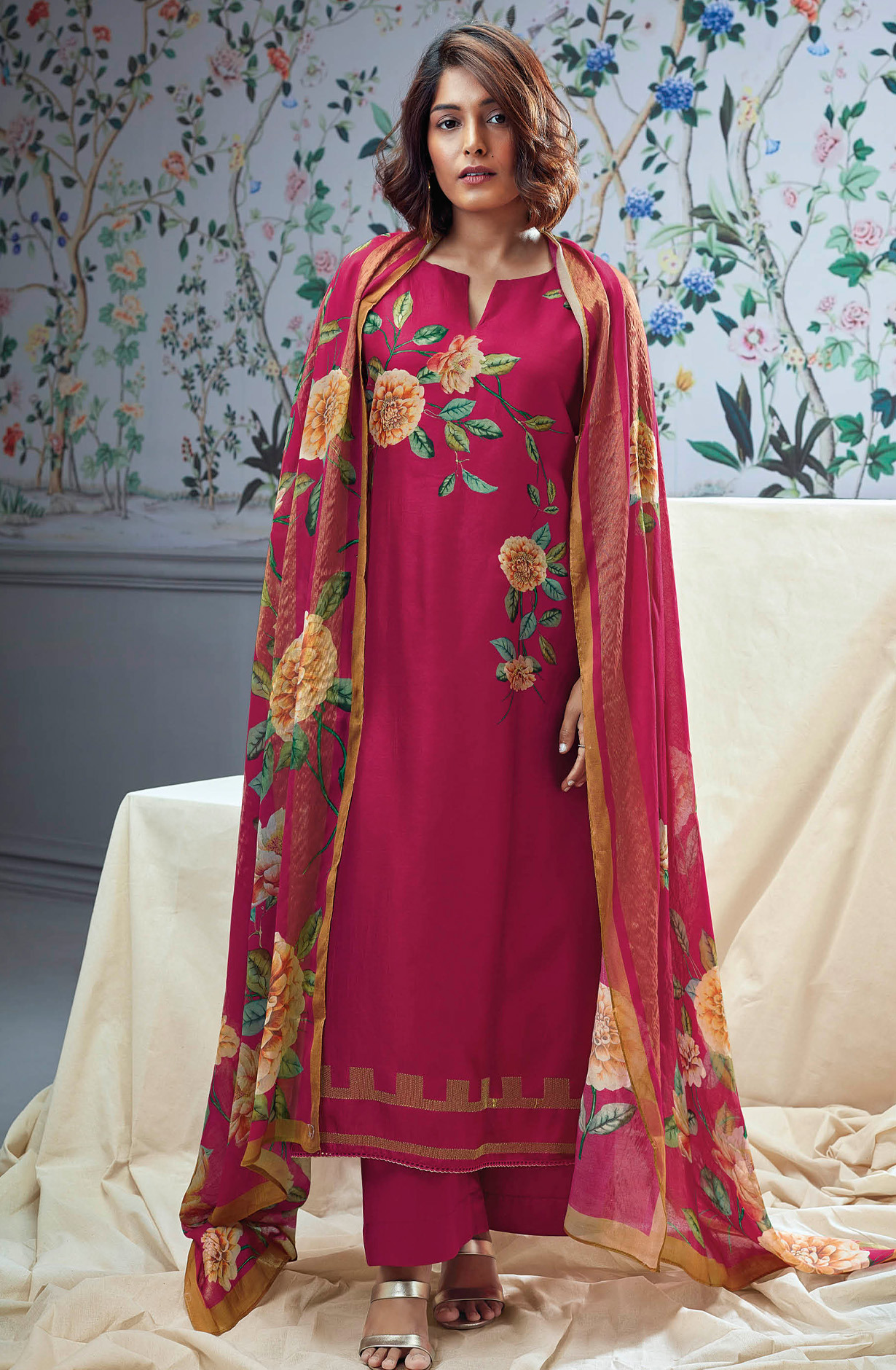 Rani Pink Beautiful Russian Silk Unstitched Suit with Dupatta - BLOC1323