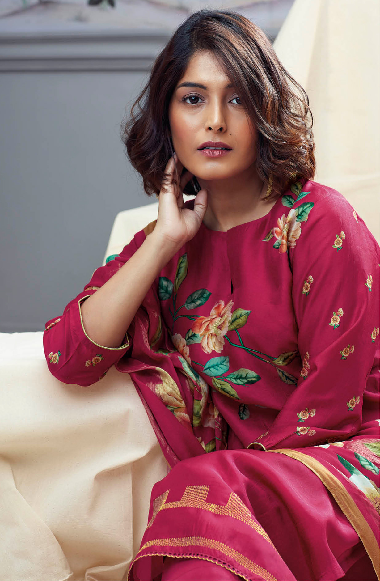 Rani Pink Beautiful Russian Silk Unstitched Suit with Dupatta - BLOC1323