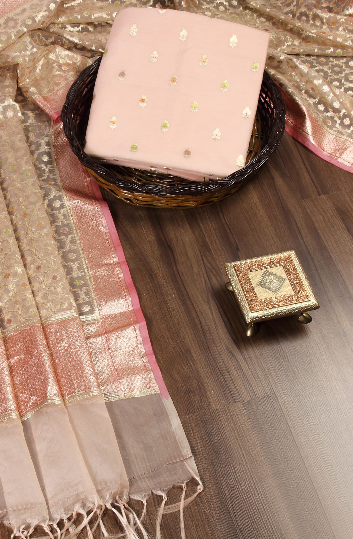 Peach Chanderi Unstitched Festive Wear Suit - BNFCHN4204-3F