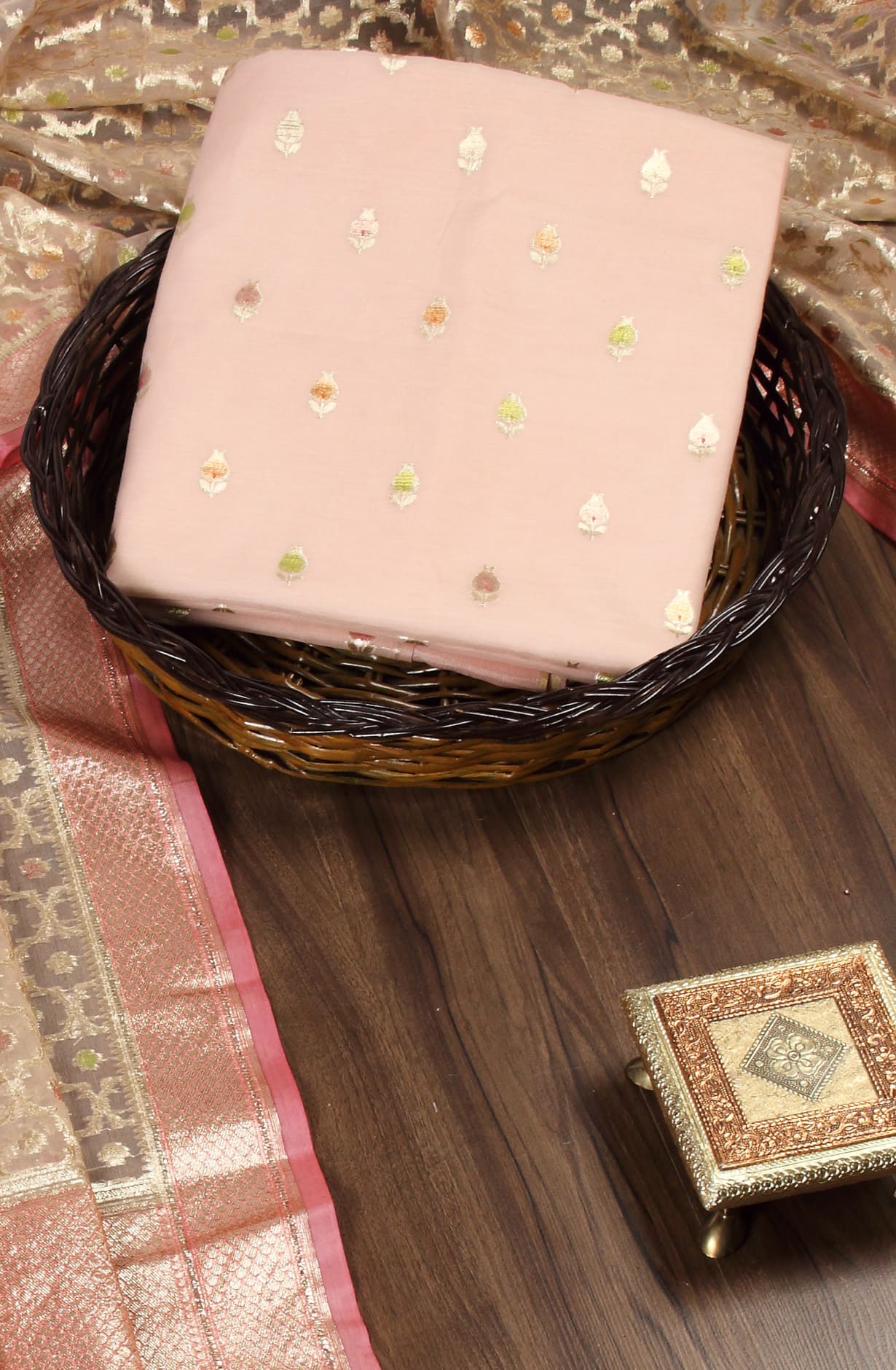 Peach Chanderi Unstitched Festive Wear Suit - BNFCHN4204-3F