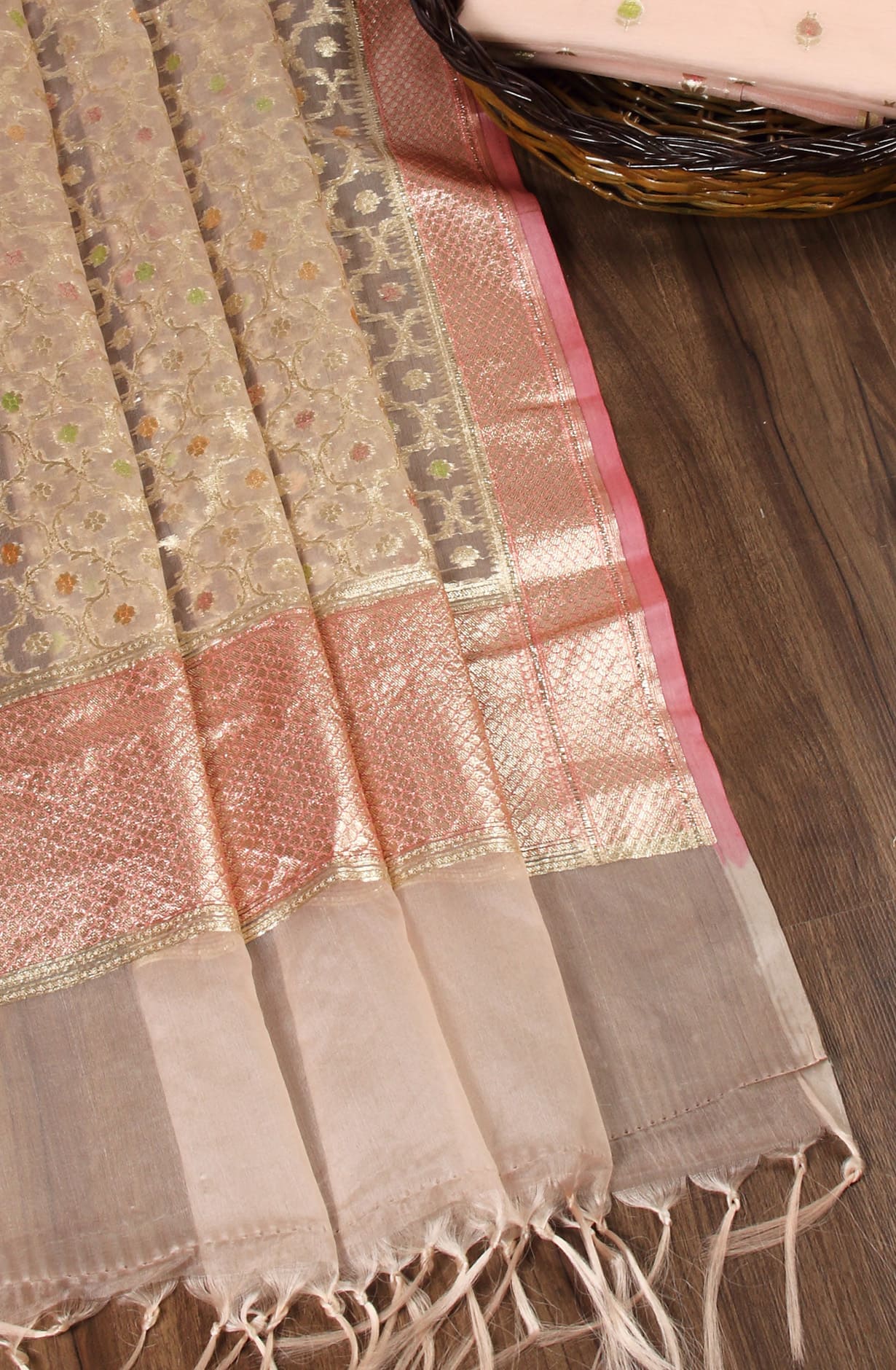 Peach Chanderi Unstitched Festive Wear Suit - BNFCHN4204-3F