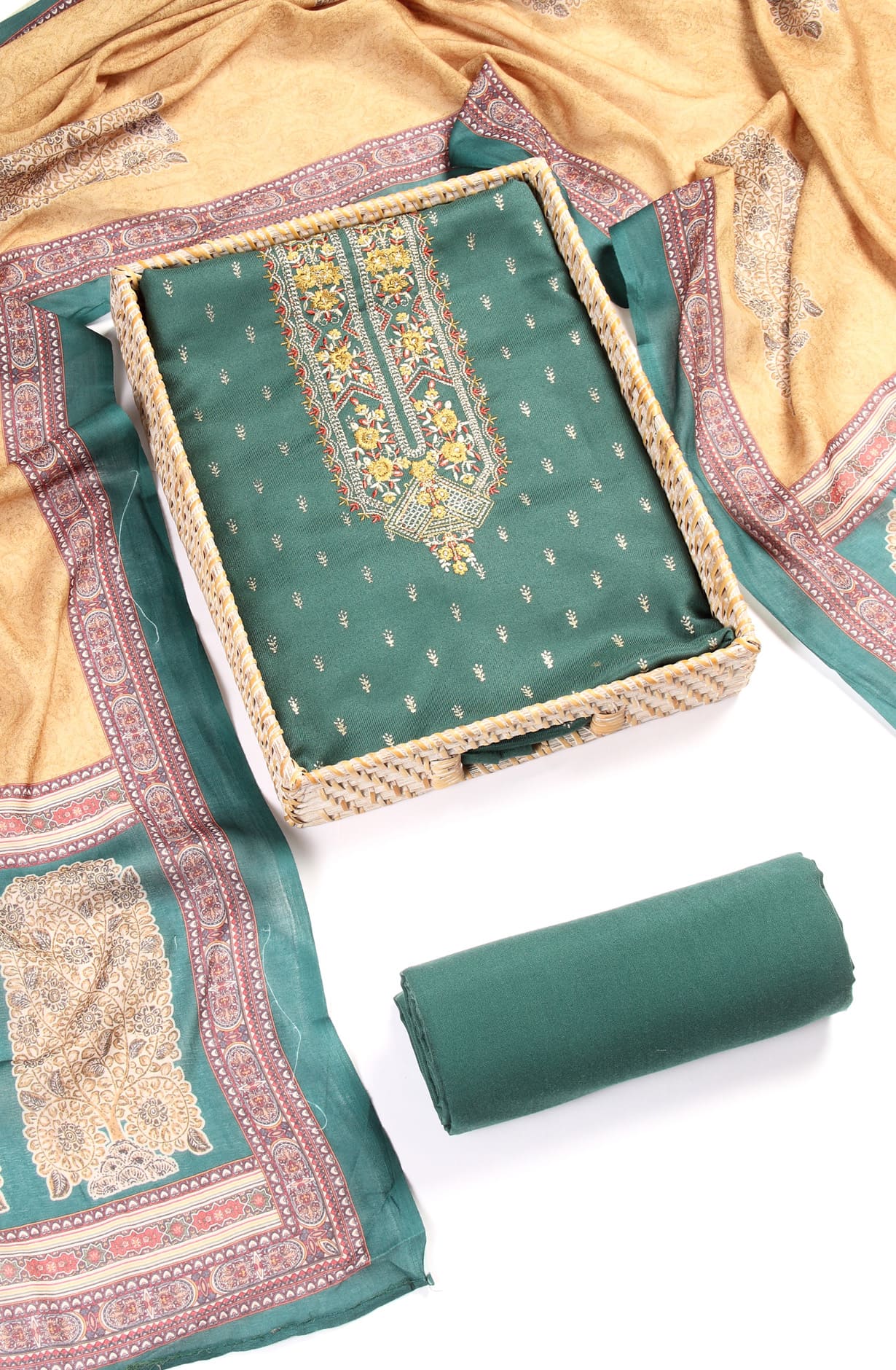 Bottle Green Pashmina Winterwear Unstitched Salwar Kameez - TAH302