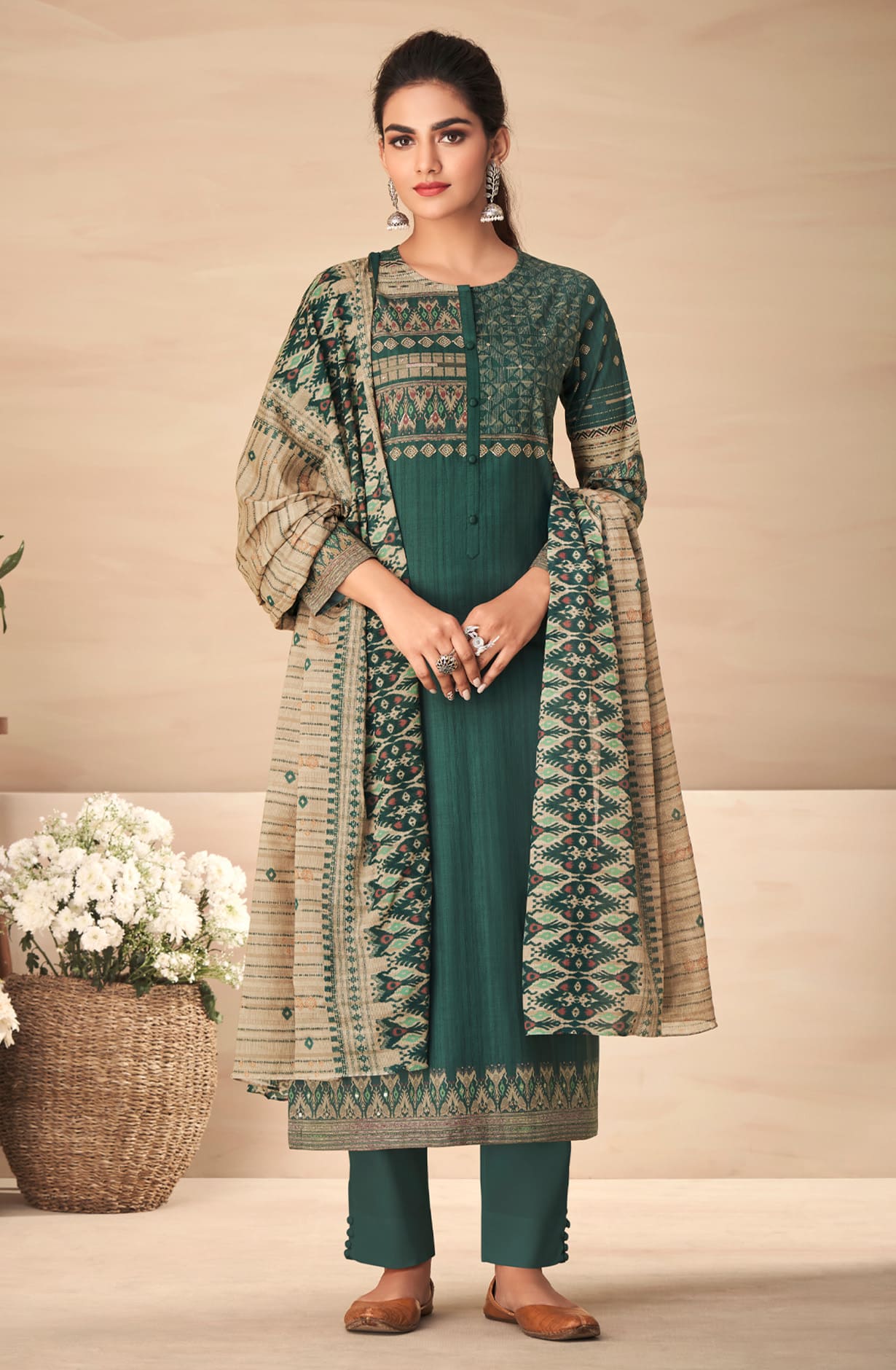 Bottle Green Spun Winterwear Printed Unstitched Salwar Kameez - AAR1473