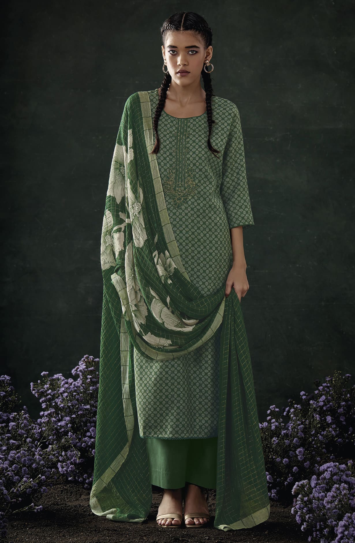 Bottle Green Spun Winterwear Printed Unstitched Salwar Kameez - ANAS1158D