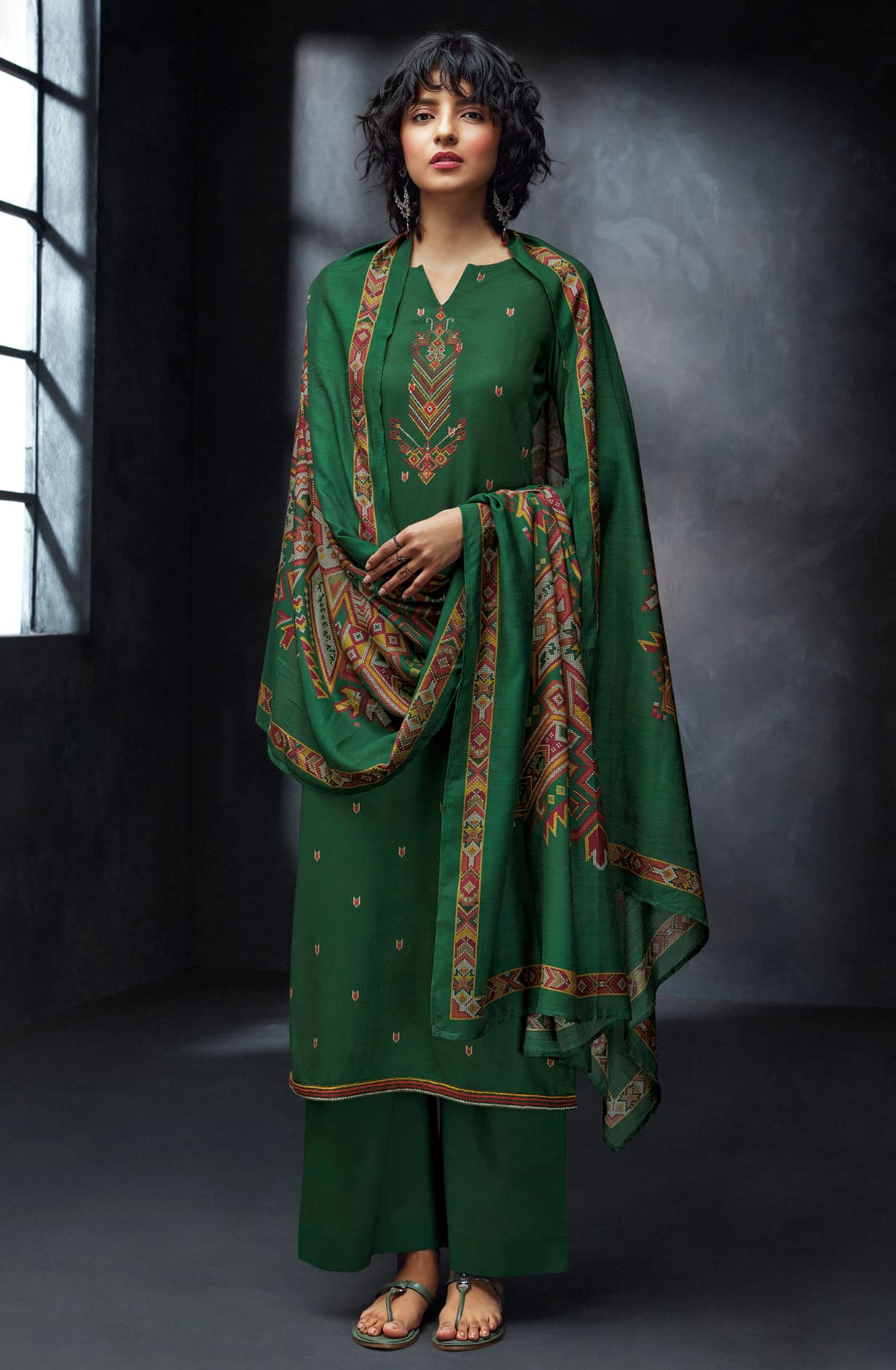 Bottle Green Spun Winterwear Printed Unstitched Salwar Kameez - KEYS1216B