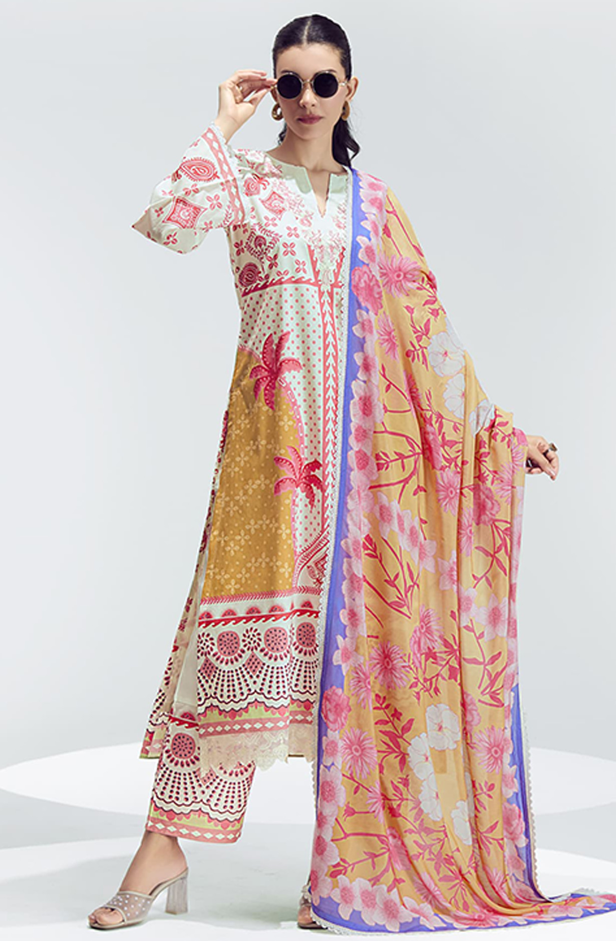 Orange Cotton Lawn Printed Suit Set with Dupatta- BRE322