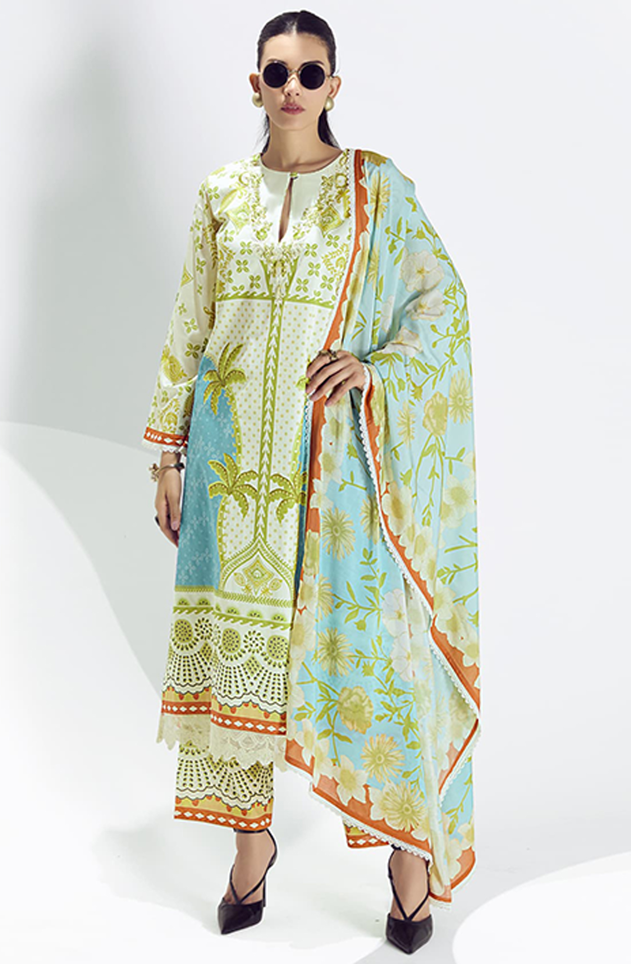 Green Cotton Lawn Printed Suit Set with Dupatta- BRE324