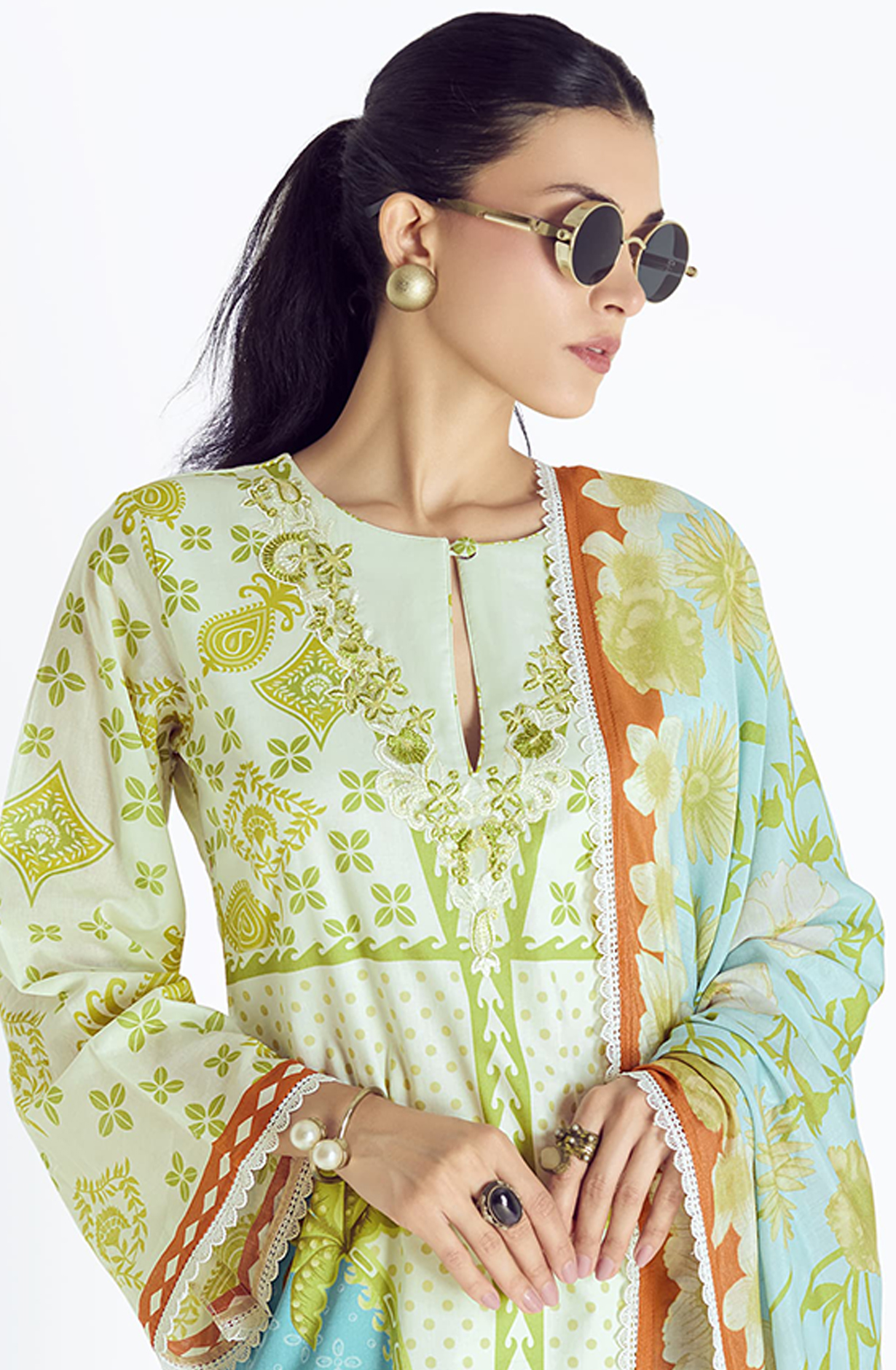 Green Cotton Lawn Printed Suit Set with Dupatta- BRE324