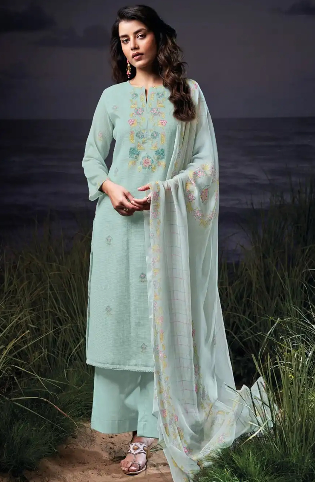 Sea Green Cotton Kota Printed Suit Set with Dupatta- BRES3548A