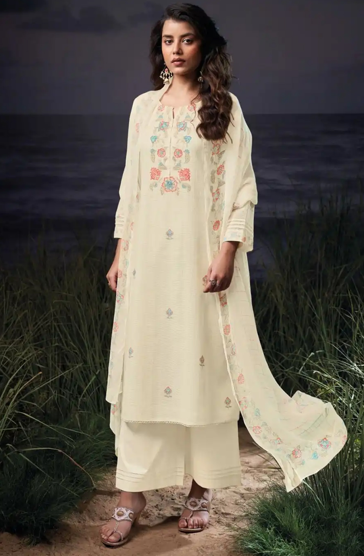 Cream Cotton Kota Printed Suit Set with Dupatta- BRES3548B