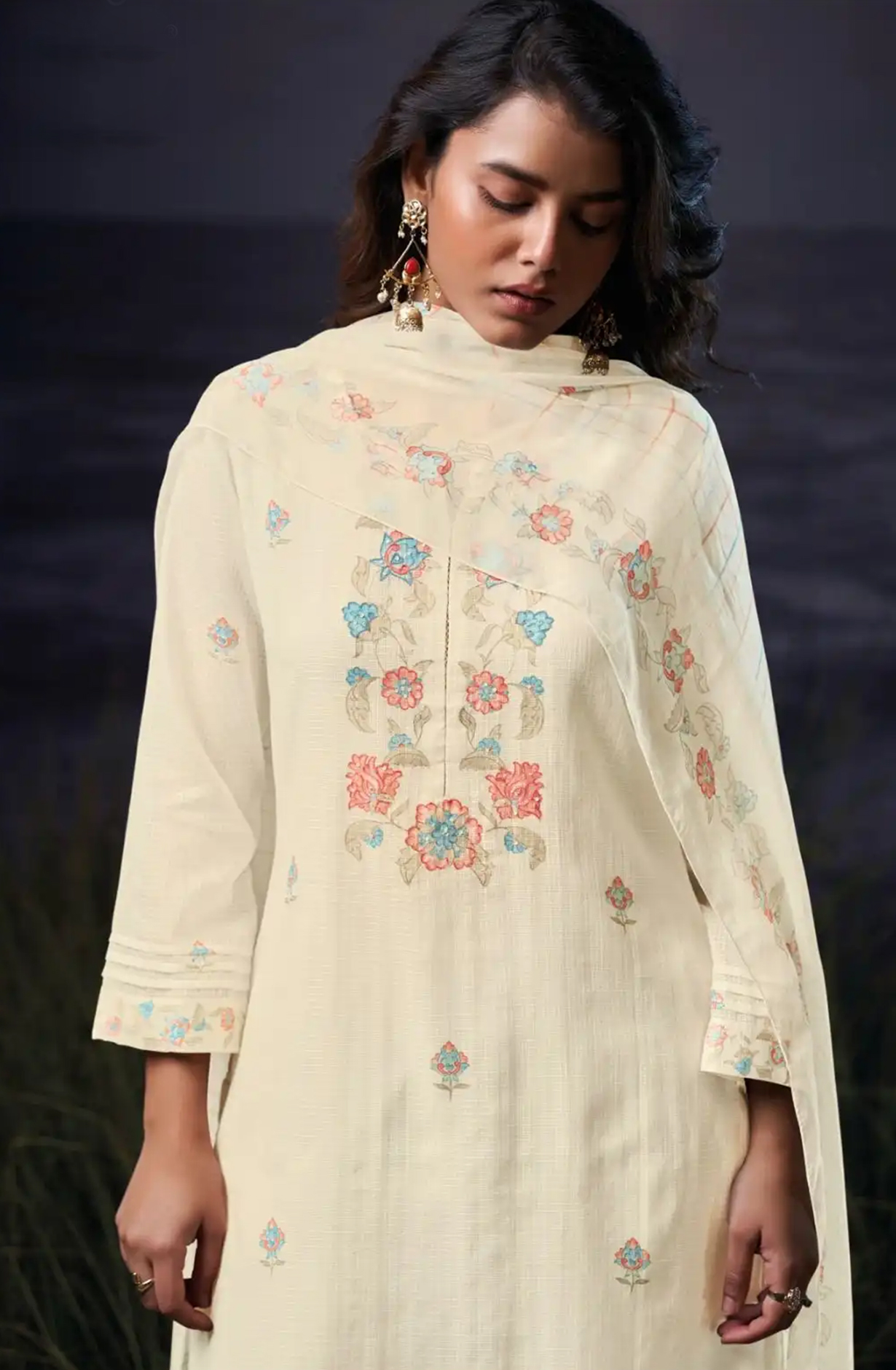 Cream Cotton Kota Printed Suit Set with Dupatta- BRES3548B