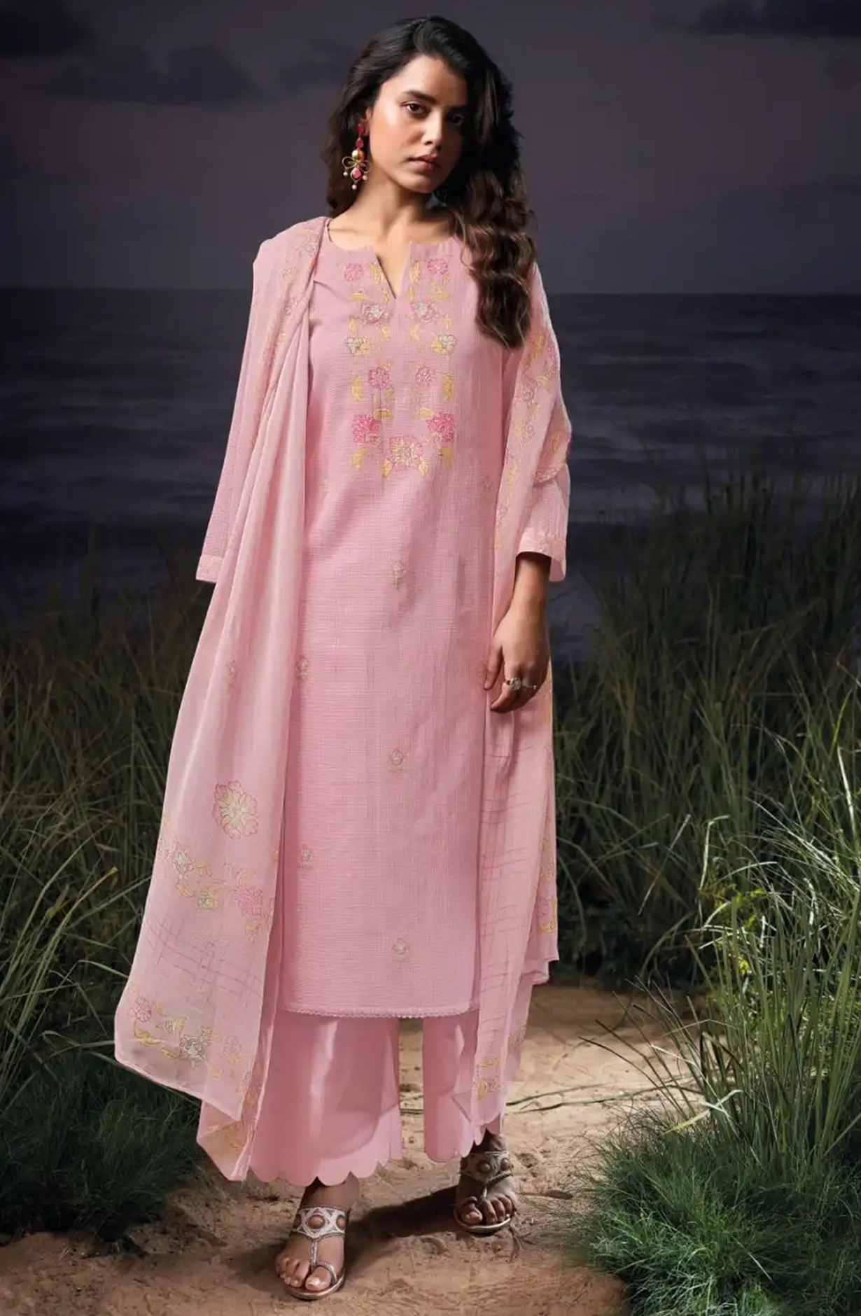 Peach Cotton Kota Printed Suit Set with Dupatta- BRES3548C