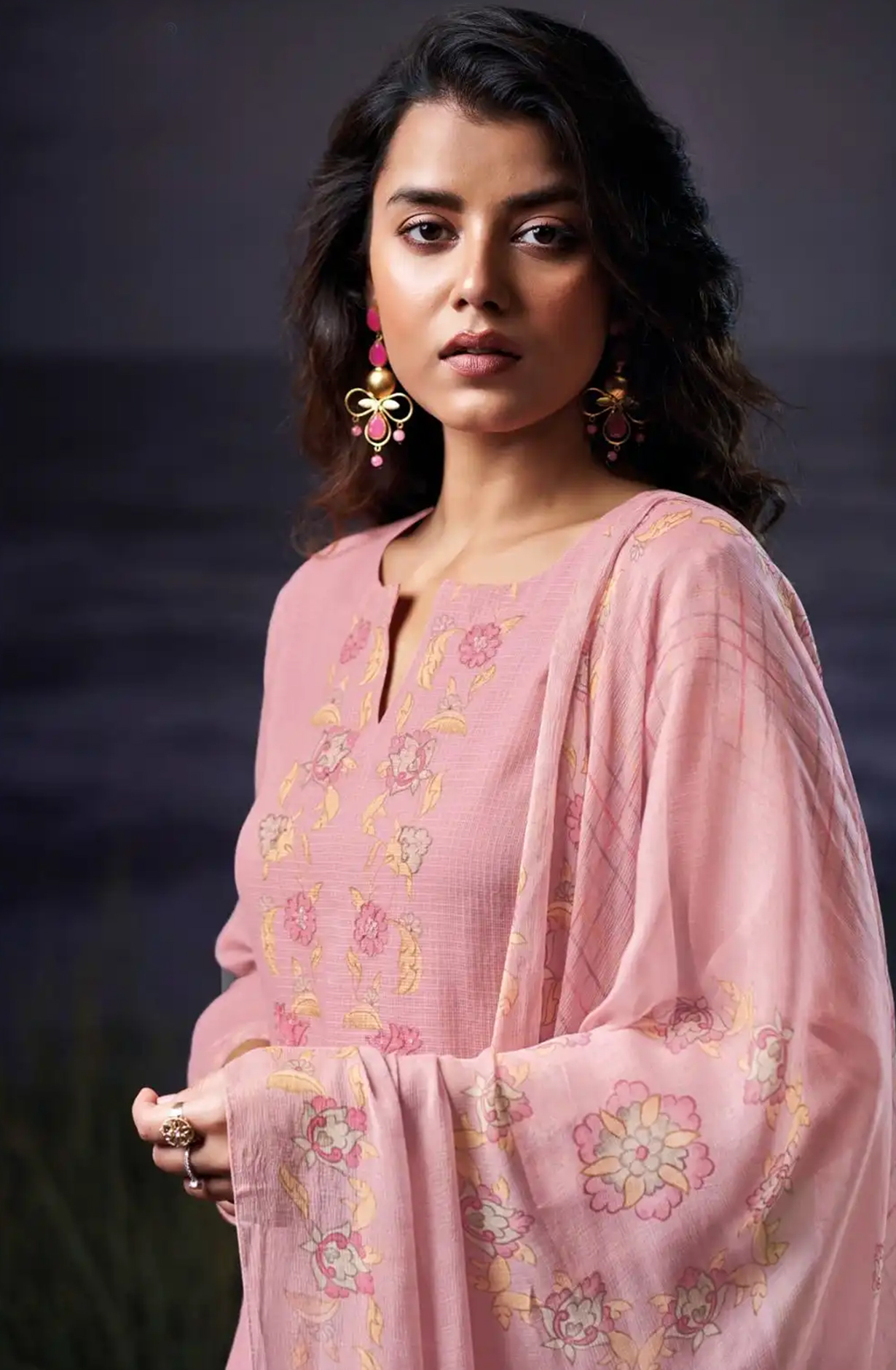 Peach Cotton Kota Printed Suit Set with Dupatta- BRES3548C